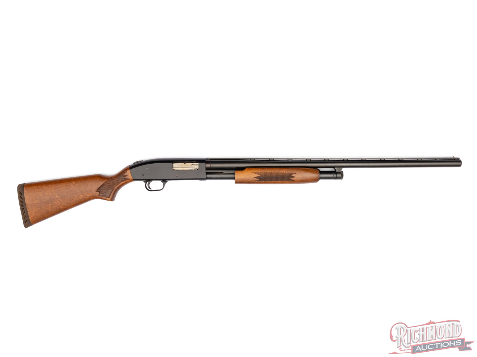 Mossberg 500A Ducks Unlimited 10/30 12 Gauge Pump Action Shotgun: Manufactured by Mossberg. Features a 28" blued ventilated rib barrel with brass bead front sight. Chambered for 2-3/4" and 3" shells with a Modified choke. Pump action, blued receiver engraved "DUCKS