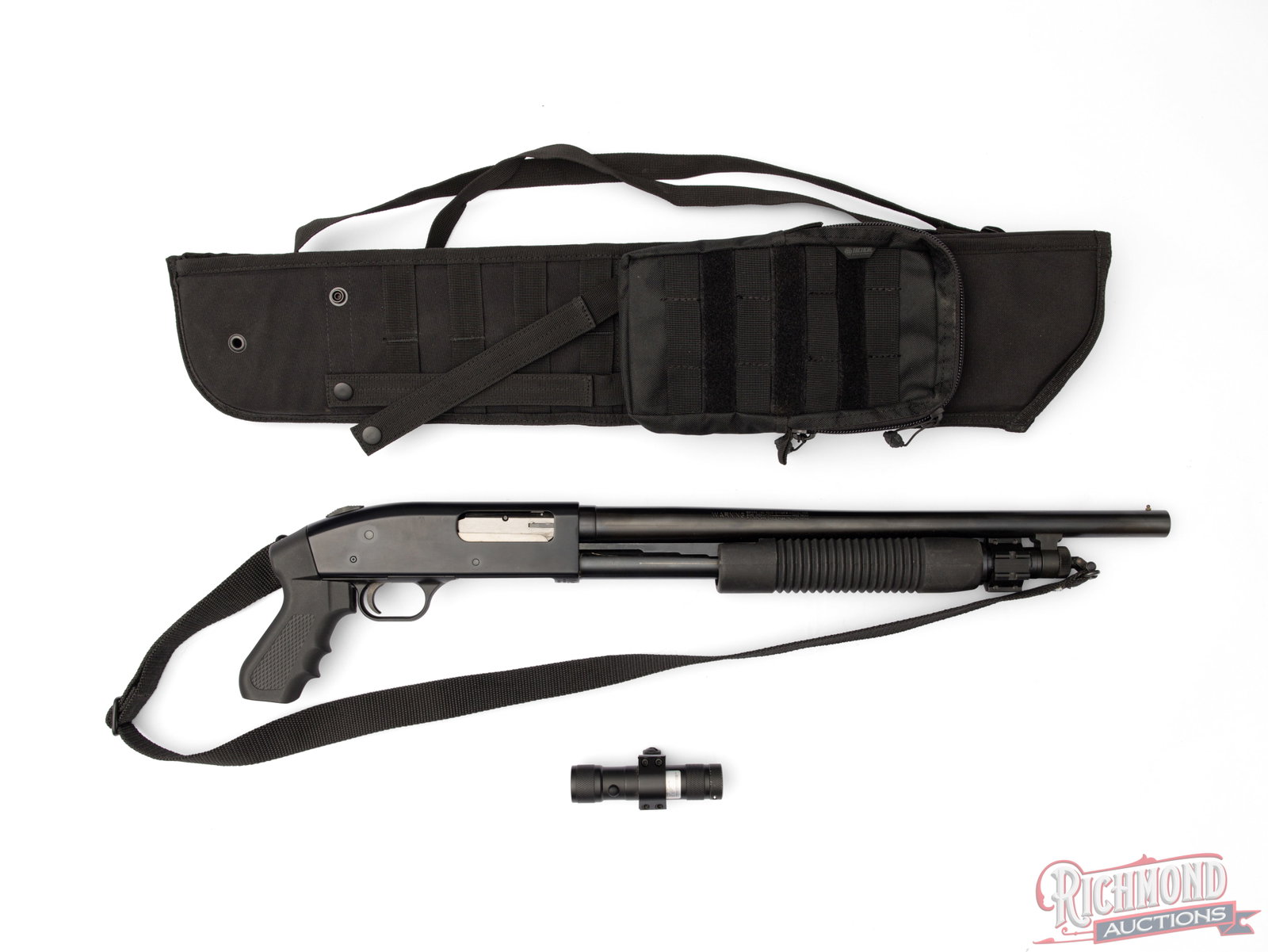 Mossberg 500 Pump Action Pistol Grip Shotgun in 12 Gauge: This pump action shotgun was made by Mossberg in North Haven, Conn and chambered for 3" 12 gauge shells. It features an 18 1/2" barrel with brass bead front sight and black polymer forend and