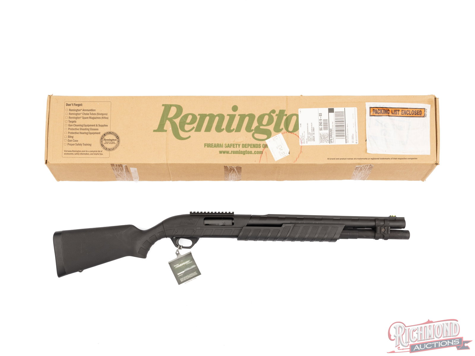 Remington 887 Nitro Magnum Tactical 12 GA Pump Action Shotgun in Original Box: Manufactured by Remington Arms in Ilion, NY. Features an 18-1/2" matte finished solid rib barrel with fiber optic front sight. Chambered for 2-3/4", 3" and 3-1/2" magnum shells. Pump action with full