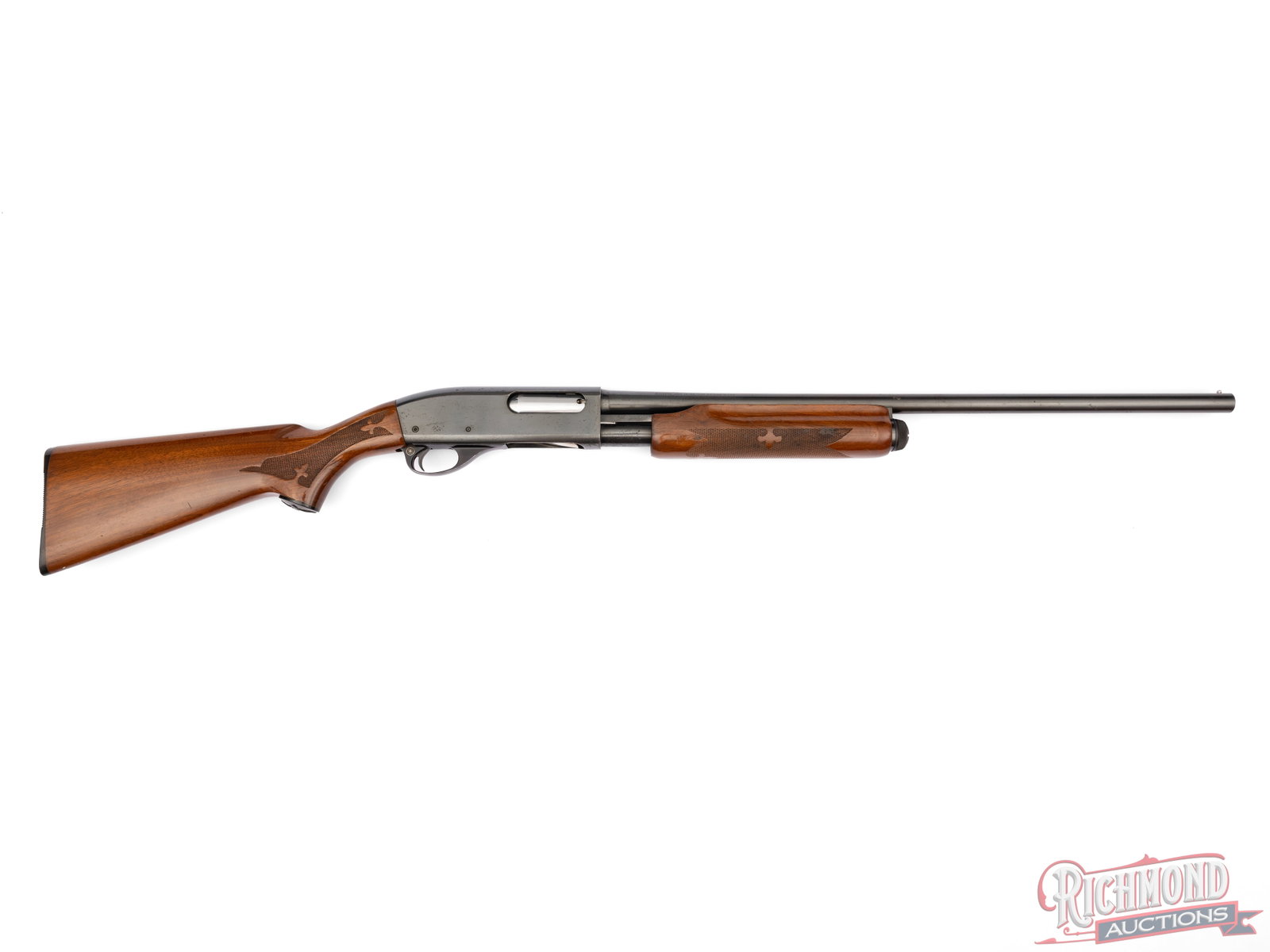 1967 Remington 870 Wingmaster 16 Gauge Pump Action Shotgun: Manufactured by Remington Arms in 1967 according to the "LP" date code. Features a shortened 25" round blued barrel with nickel bead front sight. Chambered for 2-3/4" or shorter shells. Pump action wi