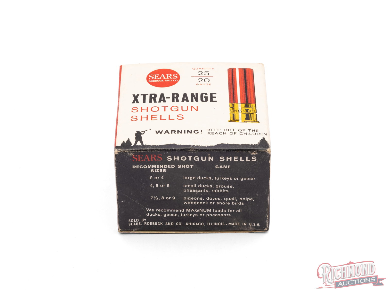 Sears Xtra-Range 20 Gauge Shotgun Shells Collector's Box: This is an empty box of 20 gauge Xtra-Range shells made by Sears and Roebuck Co. The one piece white and red box retains good color and states "With Controlled Power Crimp". Condition VERY GOOD