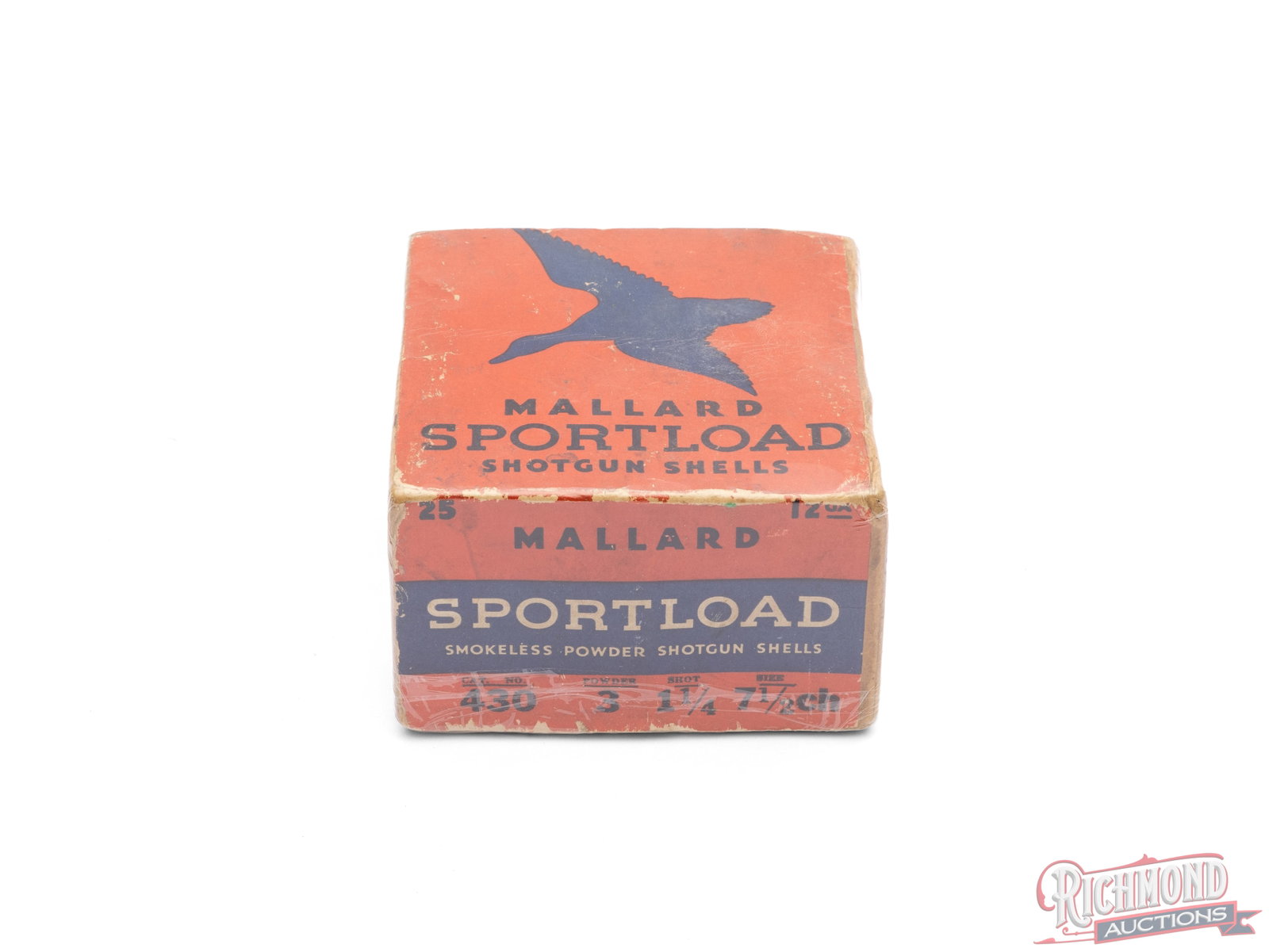 Sears And Roebuck Mallard Sportload 12 Gauge Shotgun Shell Collector's Box: This is an empty two piece box that contained 12 gauge Mallard Sportload shotgun shells made by Sears and Roebuck Co. The orange/red label has the call outs of 7 1/2 chilled shot and "Smokeless