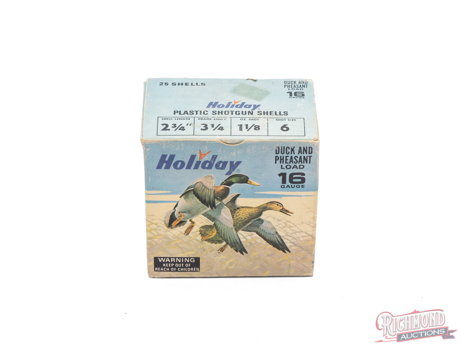 Full Box of Holiday 16 Gauge Duck And Pheasant Load Shotgun Shells: This is a full one piece box of 16 gauge 2 3/4" #6 shot shotgun shells made for Holiday Stores. The box labels the shells as Duck and Pheasant Loads and features a graphic of pheasants on the front