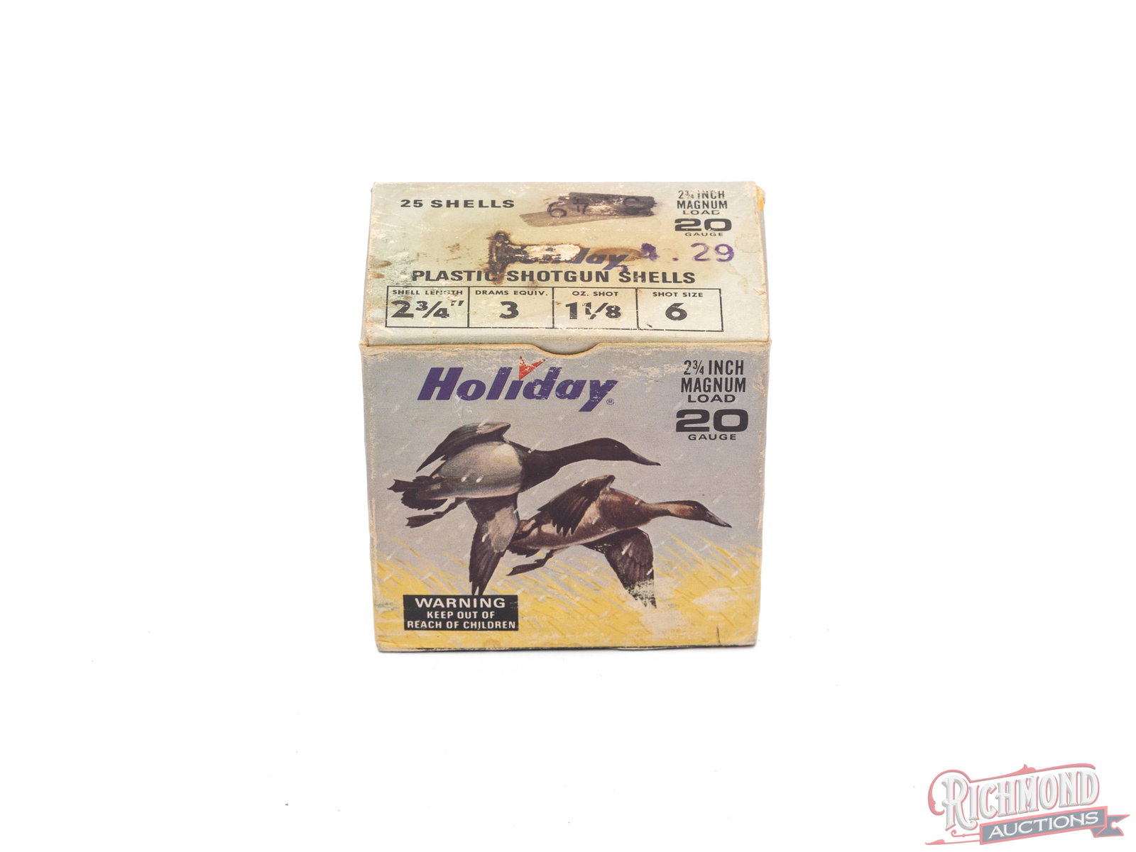 Full Box of Holiday 20 Gauge 2 3/4" Magnum Load Plastic Shotgun Shells: This is a full box of 20 gauge plastic shells made for Holiday Stores. The shells are 2 3/4" Magnum Load shells with # 6 shot. The box features graphic of ducks on the front panel and top flap has
