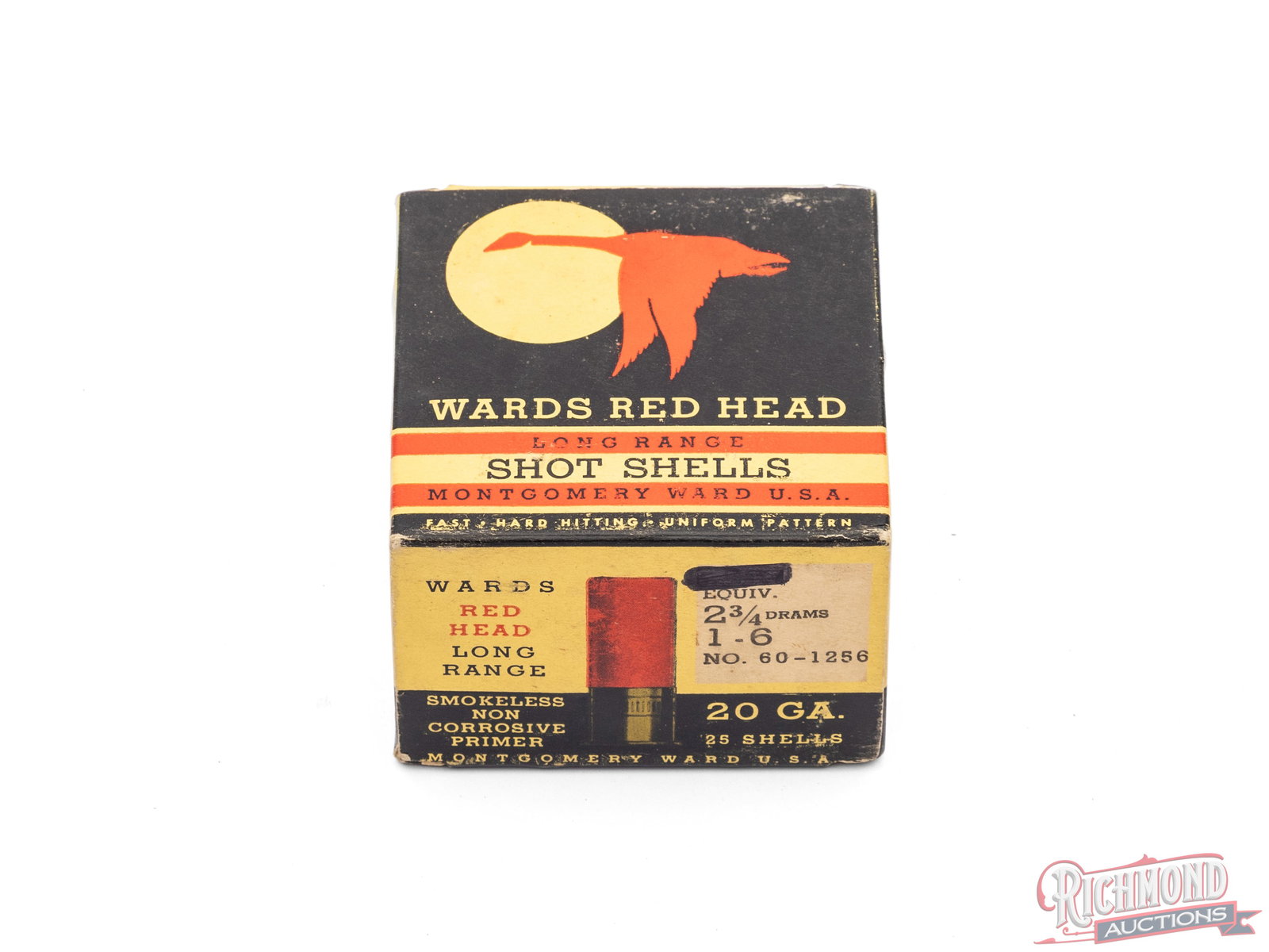 Full Box of Wards Red Head 20 Gauge Long Range Shot Shells: This is a full box of 20 gauge Long Range shot shells made by Montgomery Wards/Red Head. The black and yellow box has the call out "Fast, Hart Hitting, Uniform Pattern". The box labels the shells to