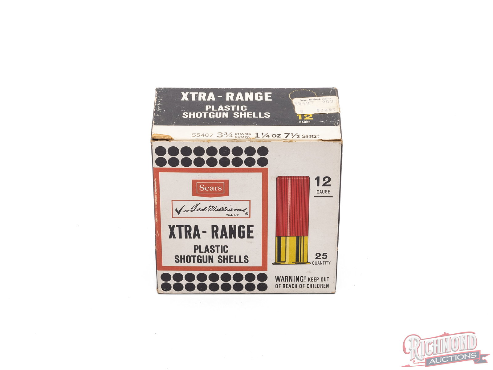 Full Box of Sears "Ted Williams Quality" Xtra -Range 12 Gauge Plastic Shotgun Shells: This is a full box of 12 gauge Xtra-Range, 7 1/2 shot plastic shotgun shells made by Sears and Roebuck Co. The front of the box features "Ted Williams Quality". Back of the box shows a diagram of the