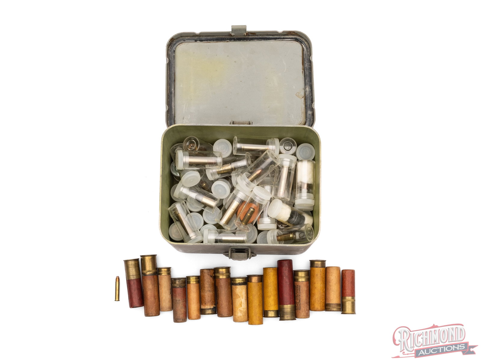 60+ Vintage And Modern Cartridges In Storage Tubes And Signal Flare Storage Box - 2