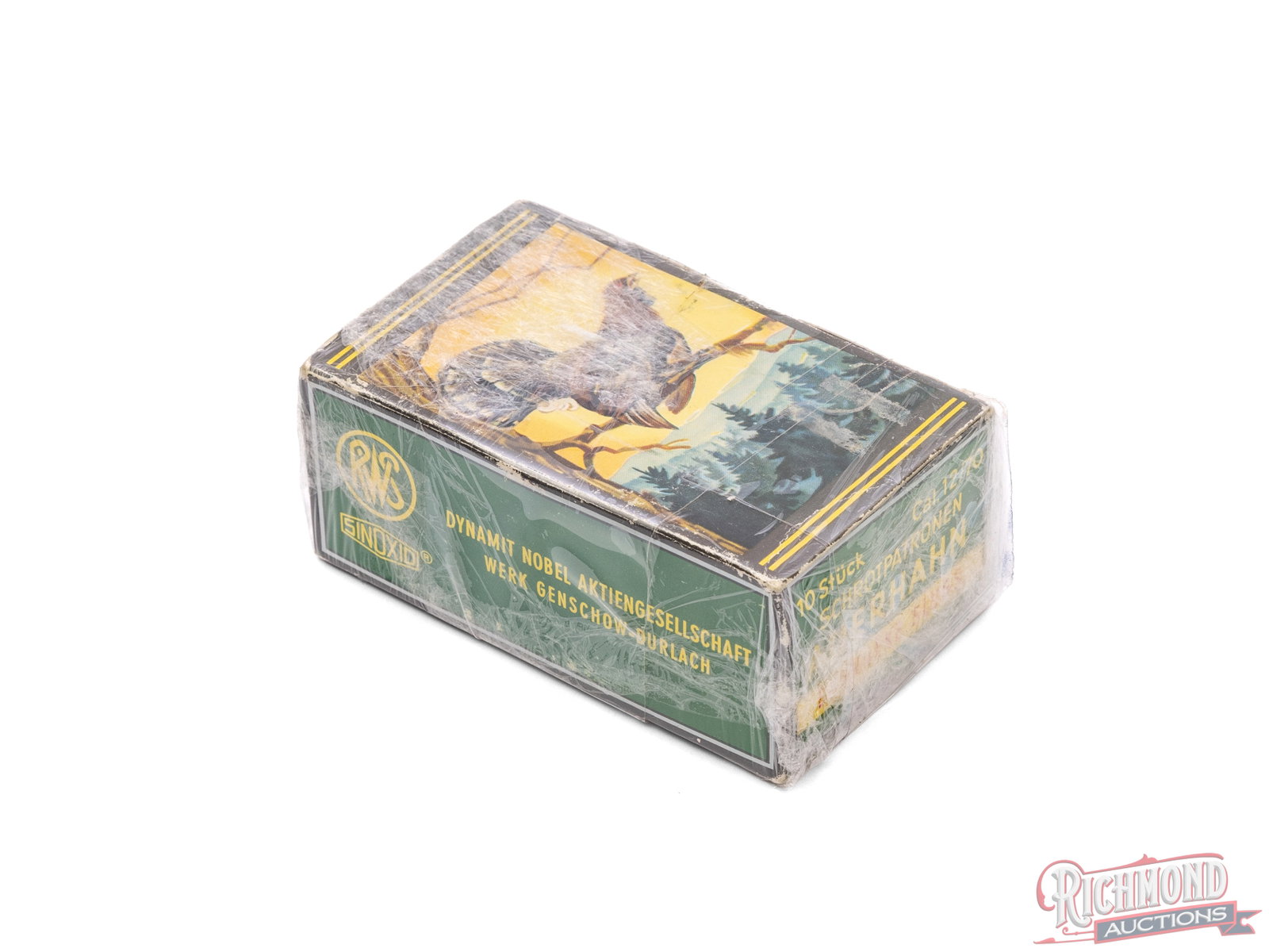 Full Box of German RWS 10 Shell Box With Auerhahn Game Bird: RWS (Germany) featuring an "Auerhahn", a European game bird. The strange part is these are 12 gauge Brenneke Slug shells, full box of 10, one piece box. The shells are paper and each shell has a