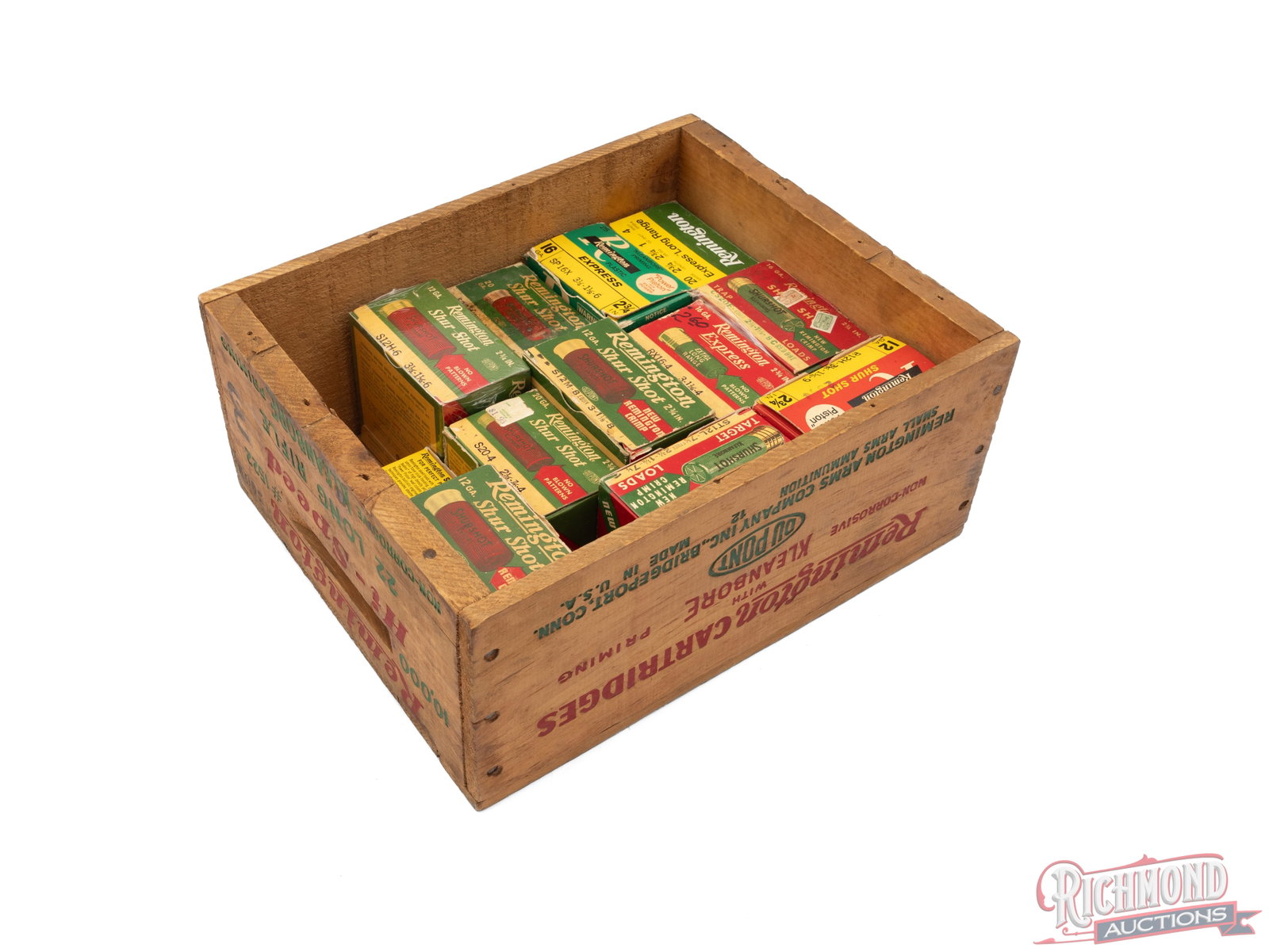 Remington Wood Crate With 12 Collector Shot Shell Boxes and 12, 16, 20, 410 Gauge Shells: This lot comes in a Remington Cartridges Kleanbore stamped wood crate. Measures 14" wide, 11-1/2" deep and 6" tall. Includes three full boxes of Shur Shot 12 gauge, 2-3/4". One is 3-1/4 dram, 1-1/8 oz