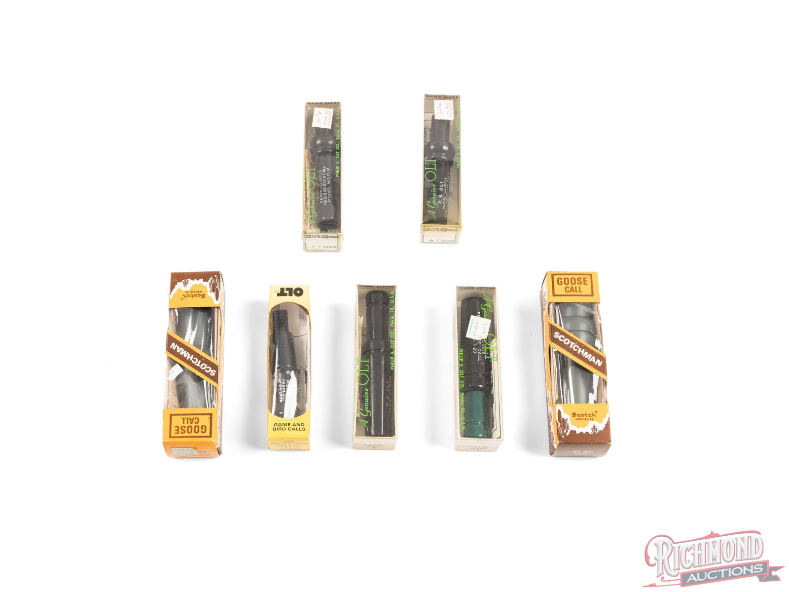 Lot of 7 P.S. Olt Co & Scotchman Game Calls Duck, Goose, Crow, Predator in Original Boxes (1 of 2)