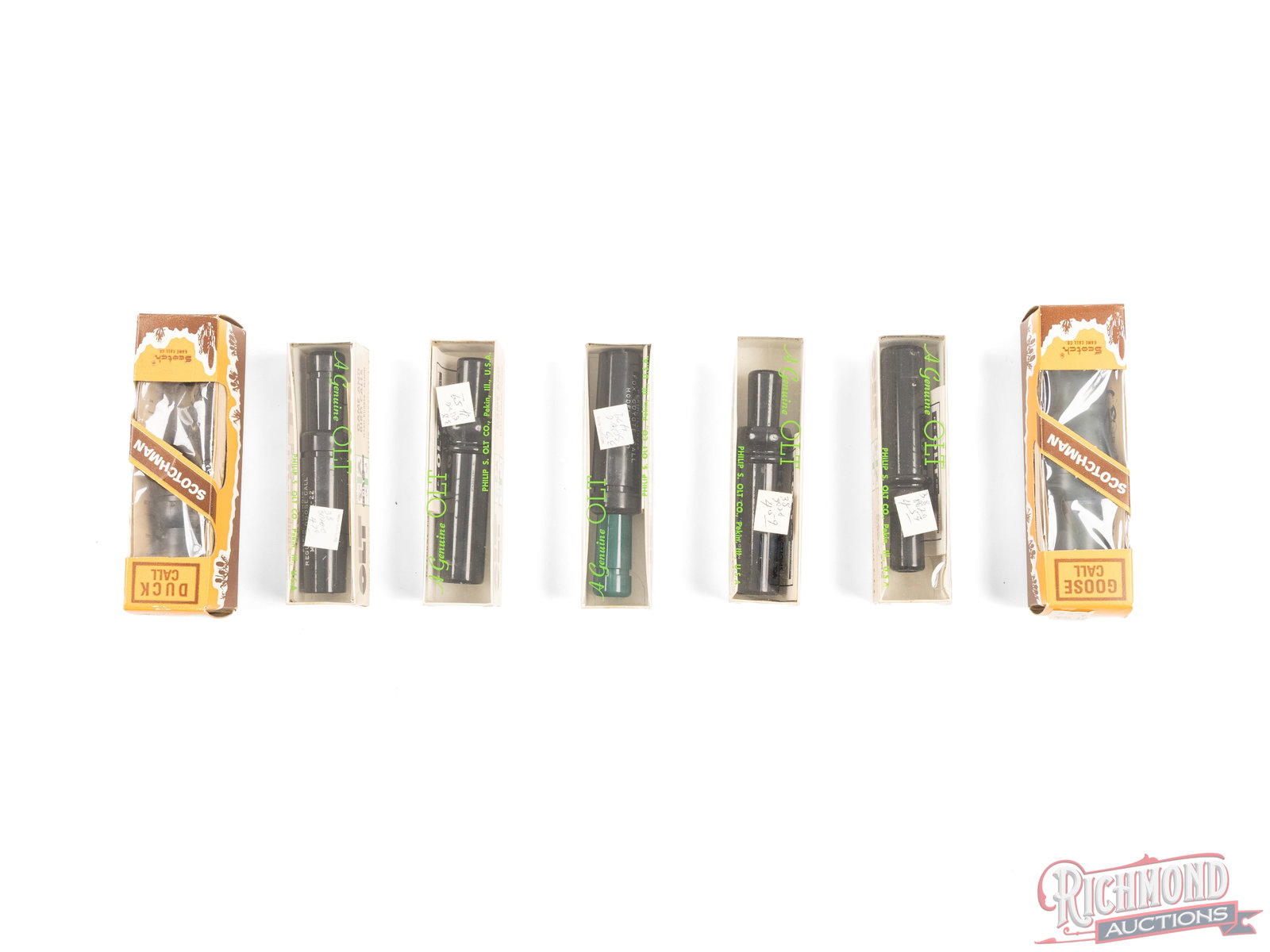 Lot of 7 P.S. Olt Co & Scotchman Game Calls Duck, Goose, Predator in Original Boxes (1 of 2)