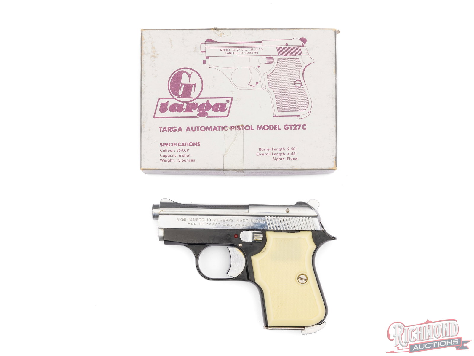Tanfoglio Guiseppe Targa GT 27 .25 Auto Semi-Automatic Pistol in Original Box: Made in Italy by Tanfoglio Guiseppe and imported by Excam in FL. Features a 2-1/2" barrel with fixed rear notch and blade sights. Blued frame and nickel plated slide, trigger and magazine. Semi-automa