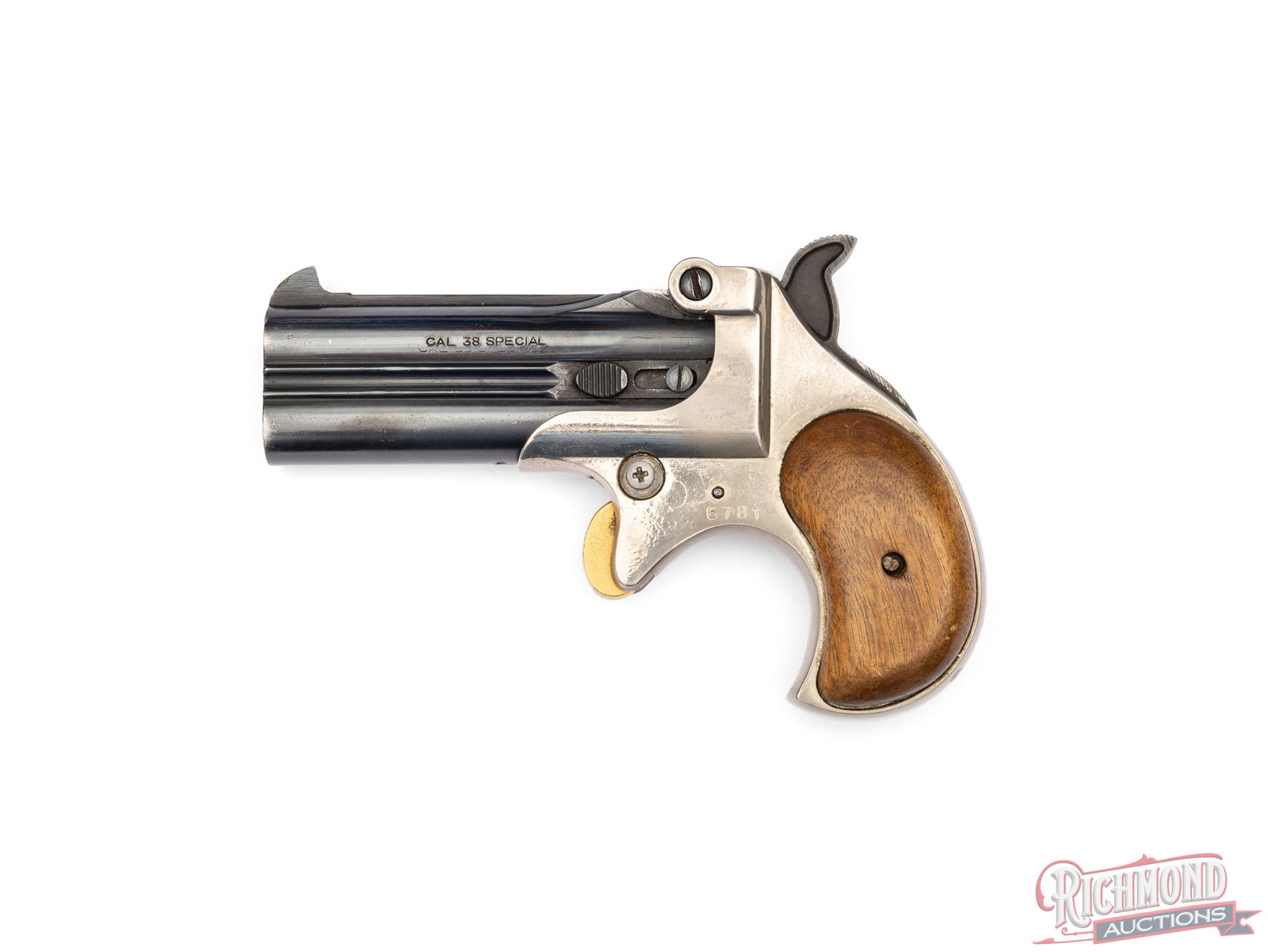 German Rohm GMBH .38 Special Over/Under Deringer Pocket Pistol: Manufactured in Germany by Rohm GMBH. This pocket pistol features 3-1/4" blued barrel with rear notch and blade front sight. Chambered for .38 special cartridges. Matching serial number on frame and