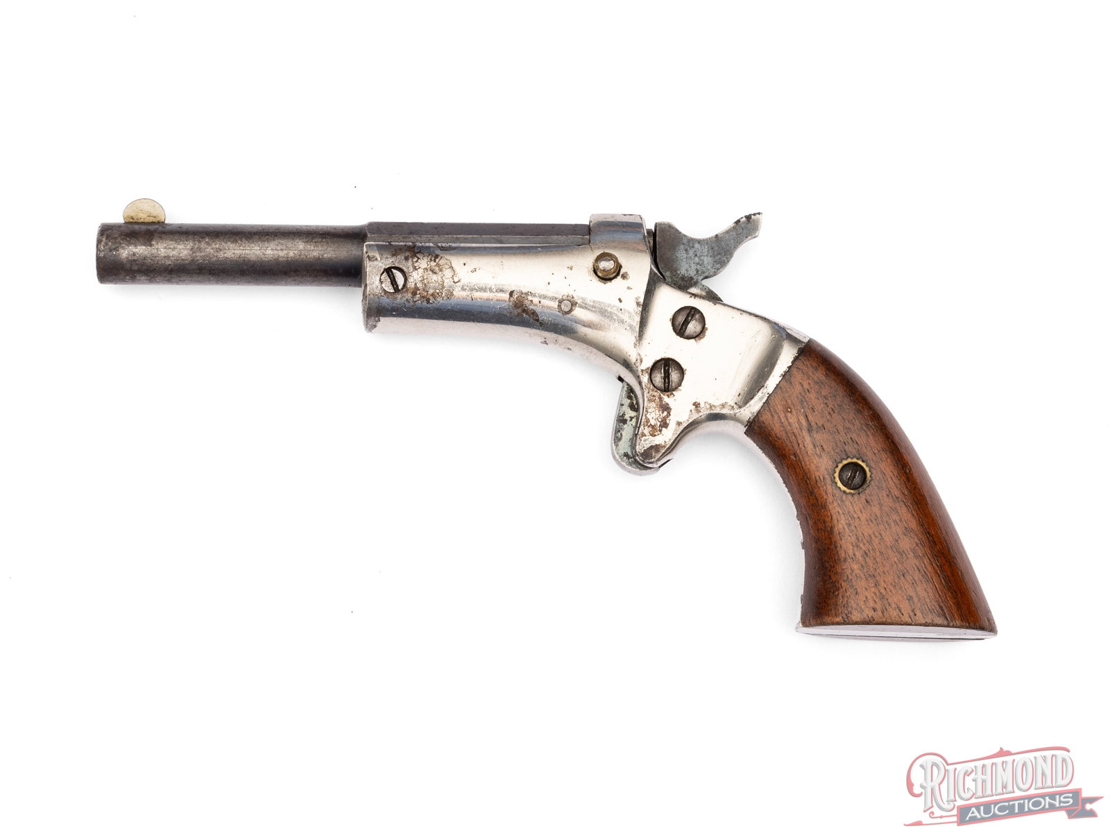 Antique J.Stevens A & T Co. Single Shot Pistol in .22 Caliber: Manufactured by J. Stevens between 1886 and 1896. Features a 3-1/2" blued half octagon, half round barrel with rear integrated notch and blade front sight. Single shot tip up barrel chambered for .22 