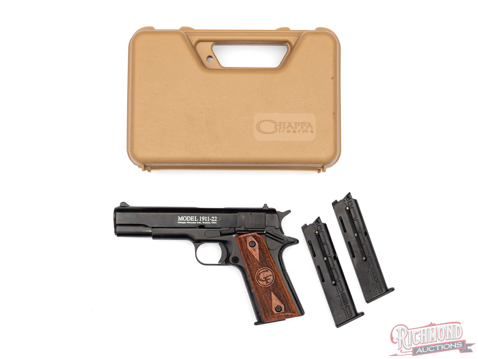 Chiappa Firearms Model 1911-22 .22 LR Semi-Auto Pistol in Original Case: Manufactured by Chiappa Firearms in Dayton, OH. Features a 5" barrel with dovetailed rear notch and blade front sights. Semi-automatic single action with manual thumb safety. Includes three 10-round