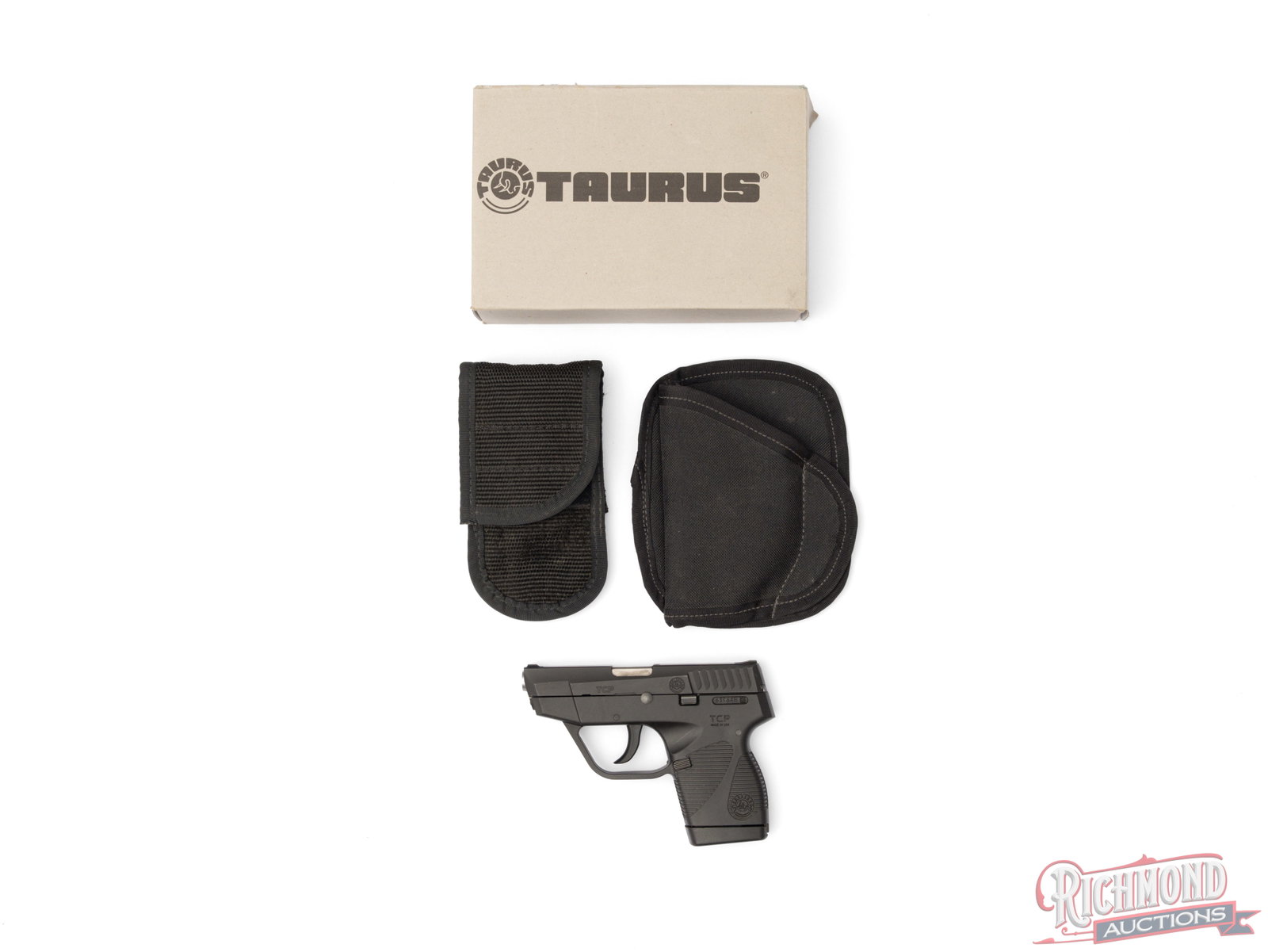 Taurus TCP Semi-Automatic Pistol .380 ACP: This semi auto pistol was made by Taurus in Brazil and chambered in .380 ACP. It features a 2 1/2" barrel with low profile front and rear sights. The slide has a black finish and is fitted to a black