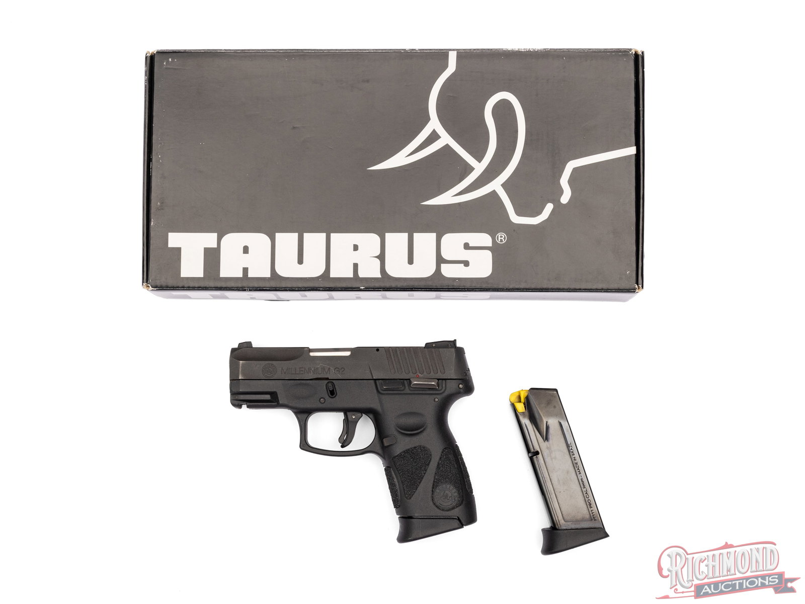Taurus PT111 G2 Millennium 9mm Luger Semi-Auto Pistol in Original Box: Manufactured in Brazil by Taurus. Features a 3-1/4" barrel with three dot white sights, rear adjustable. Matte black steel slide finish and black polymer frame with accessory rail for laser or light.