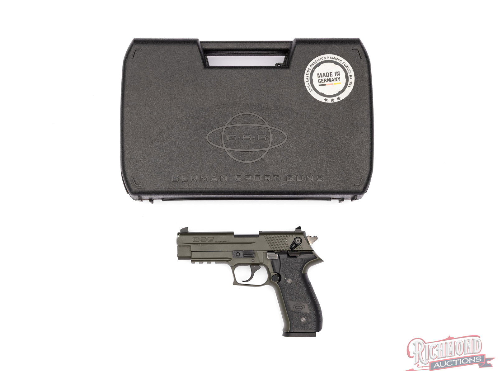 German GSG Firefly .22 LR Semi-Automatic Pistol OD Green in Factory Case: Manufactured in Germany by GSG and imported to American Tactical. Features a 4" barrel with 3-dot Hi-Viz sights. Single/double semi-automatic action with ambidextrous safety and decocker. Olive drab f