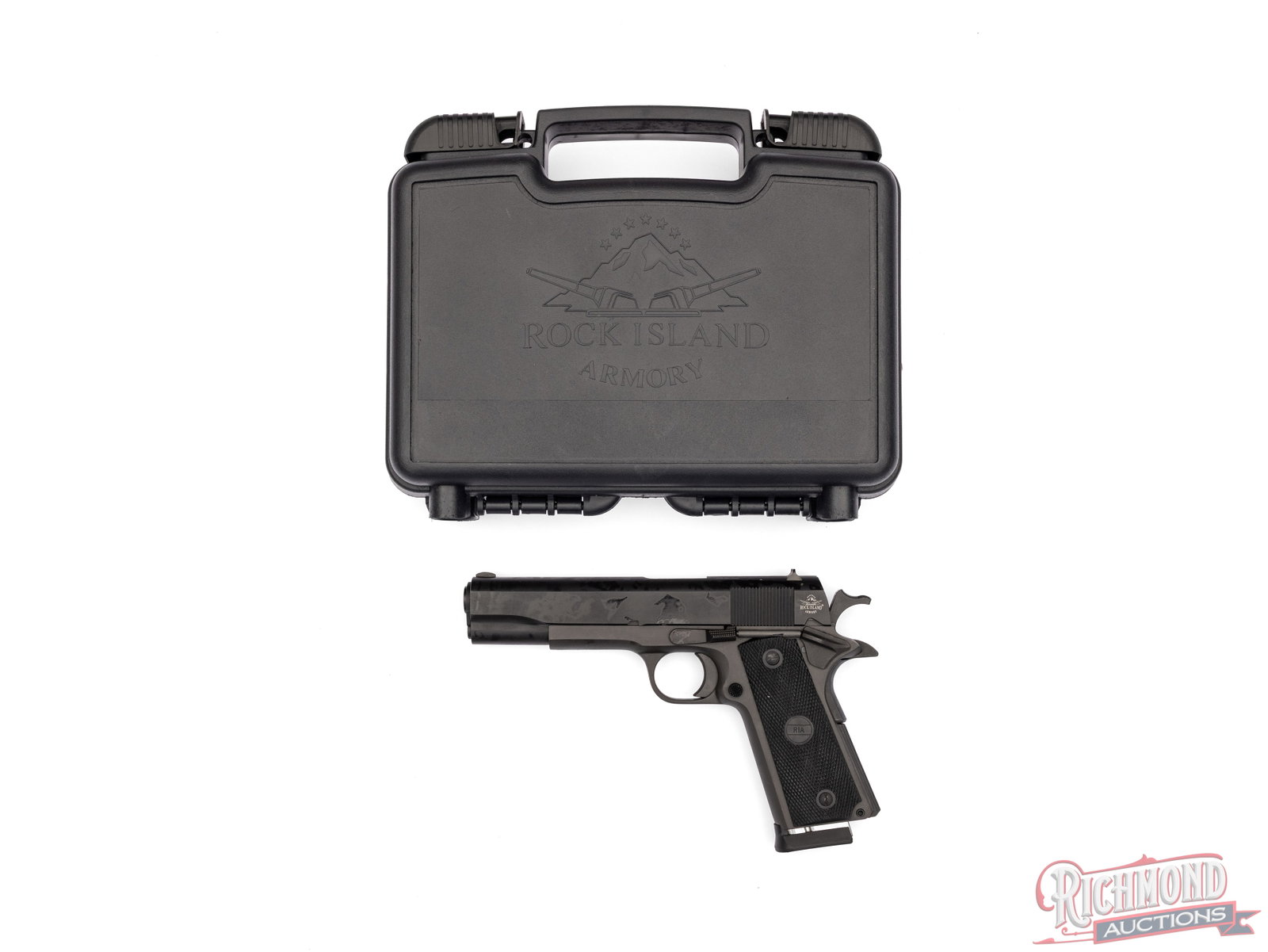 Armscor Rock Island Armory M1911A1-FS 9mm Semi-Auto Pistol in Original Case: All the features we've come to love about a 1911 but chambered for 9mm Luger cartridges. This RIA features a 5" barrel with low profile notch and blade sights. 1911 style grip and manual safety.