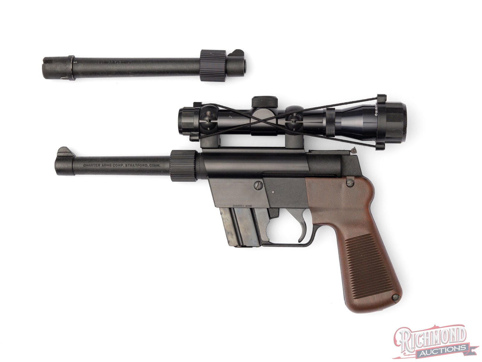 Charter Arms Explorer II Semi-Automatic Pistol .22 Long Rifle With 2 Barrels: This semi auto pistol was made by Charter Arms between 1980 and 1986 and is chambered in .22 LR. The Explorer II is based on the AR7 Survival rifle and is built with a fixed pistol grip. It features