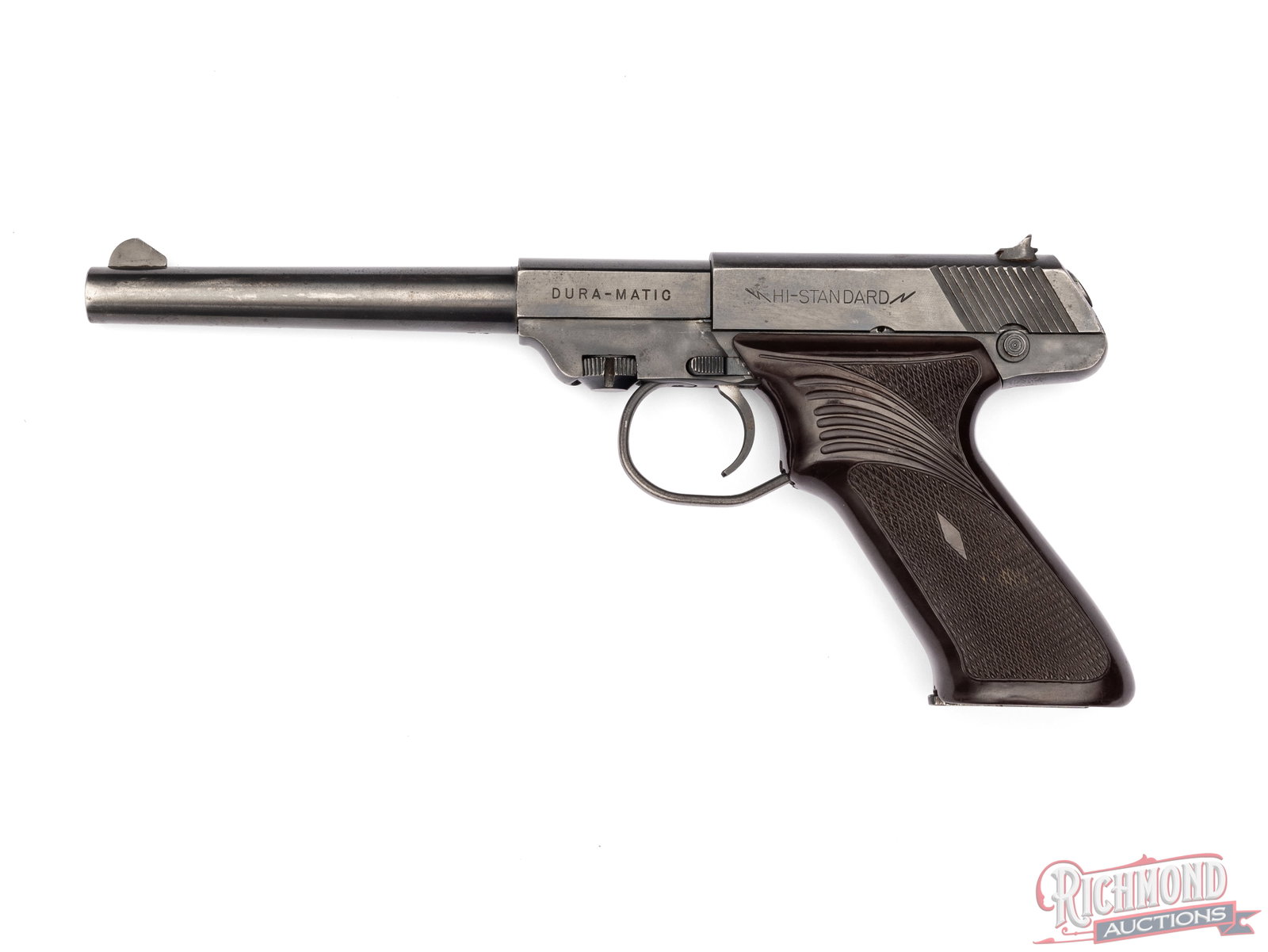 High Standard M-101 Duramatic .22 LR Semi-Automatic Target Pistol: Manufactured by Hi-Standard in Hamden, CT during the 1960's. Features a 6-1/2" blued barrel with rear dovetailed notch and blade front sights. Single semi-automatic action with slide safety. Blued
