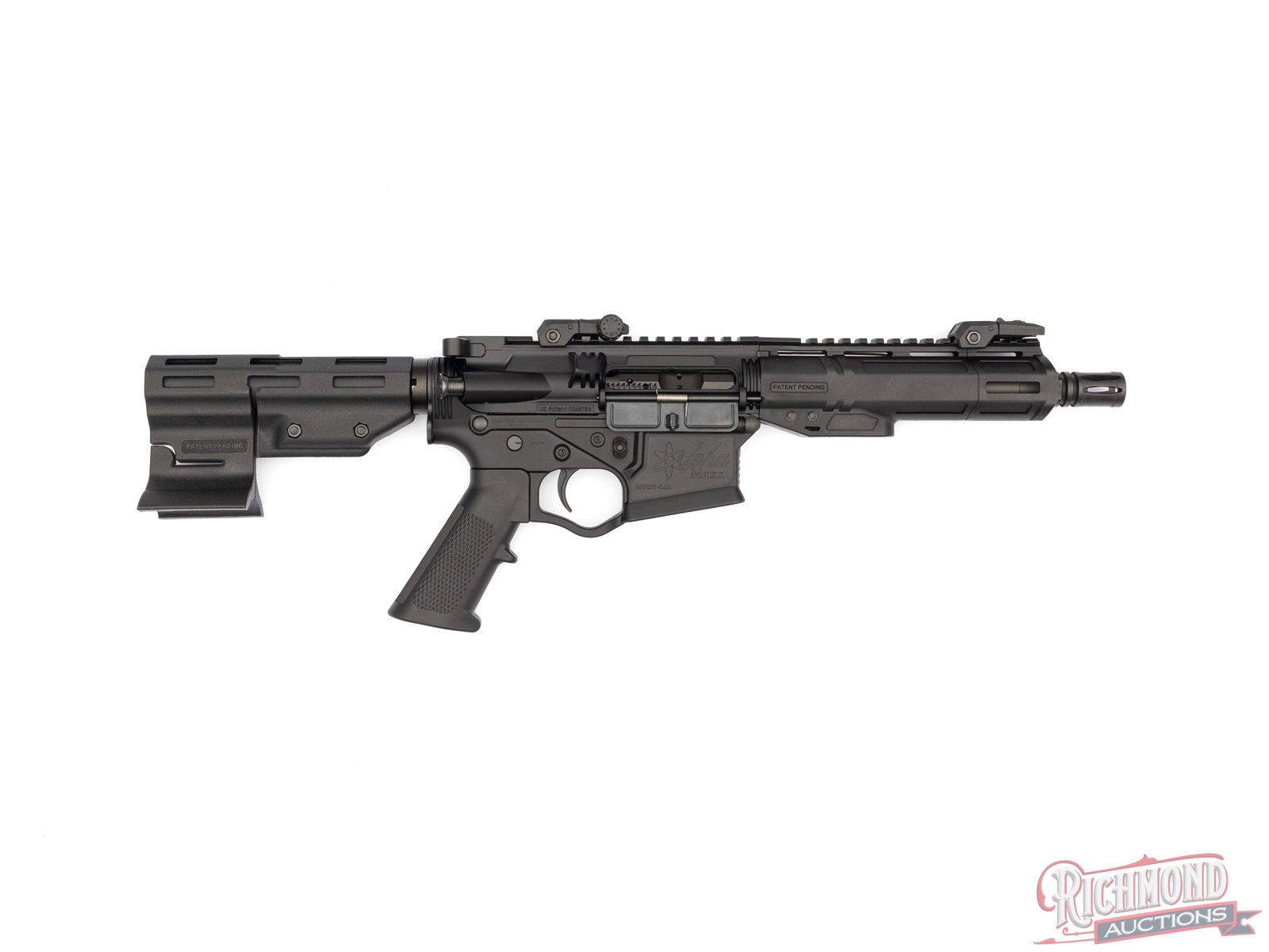 American Tactical Alpha Maxx AR Pistol 5.56 NATO: This AR Platform pistol was made by American Tactical in Summerville, SC and is chambered in 5.56 NATO. It features a 7 1/2" barrel with flip up front and rear adjustable sights. The receiver features