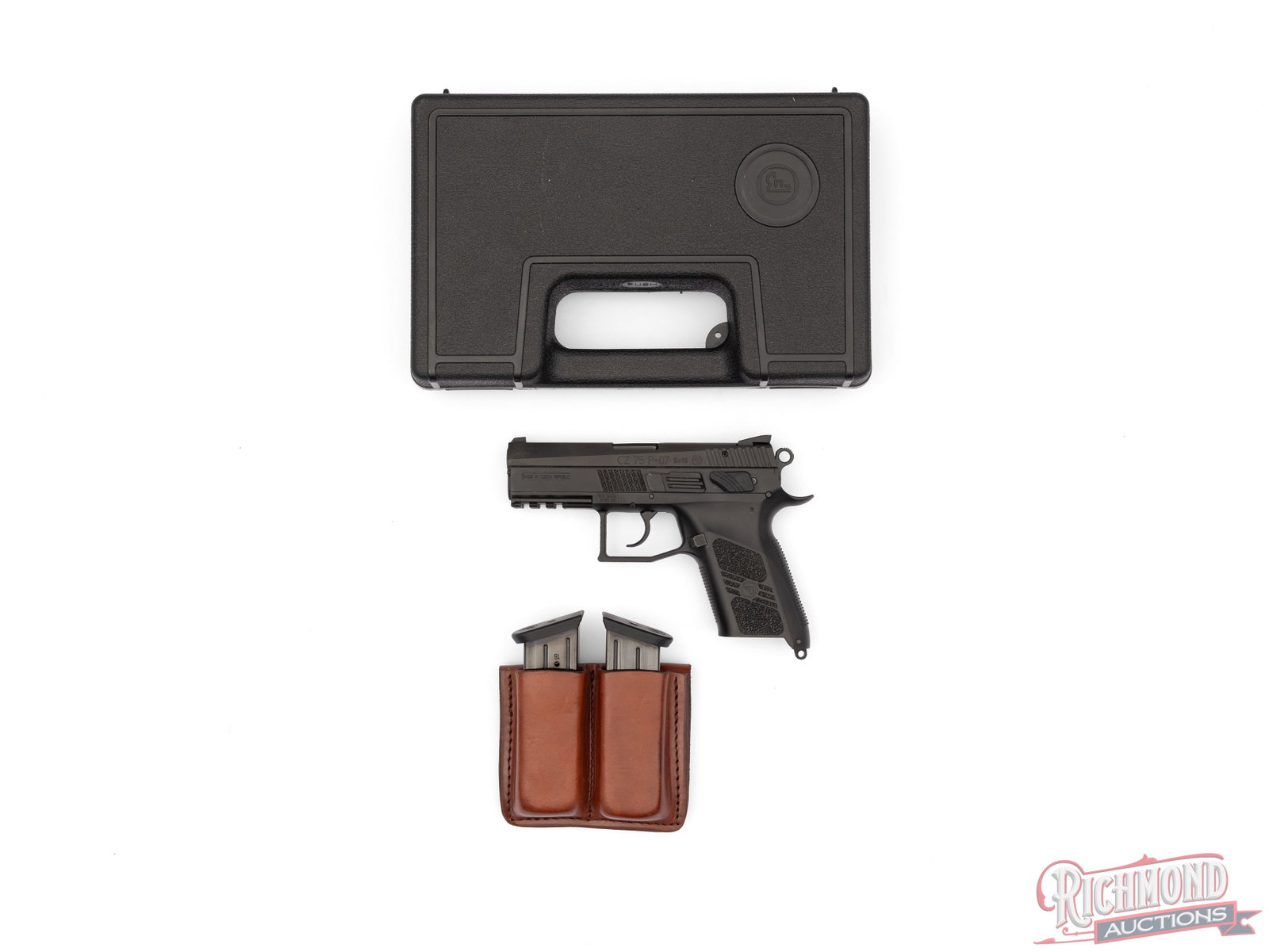 CZ Model 75 P-07 Semi-Automatic 9mm Pistol in Original Case with Accessories: Manufactured in the Czech Republic for CZ USA. Features a 3.8" barrel with dovetailed rear white outlined notch and white dot front sight. Double/single semi-automatic action with ambidextrous