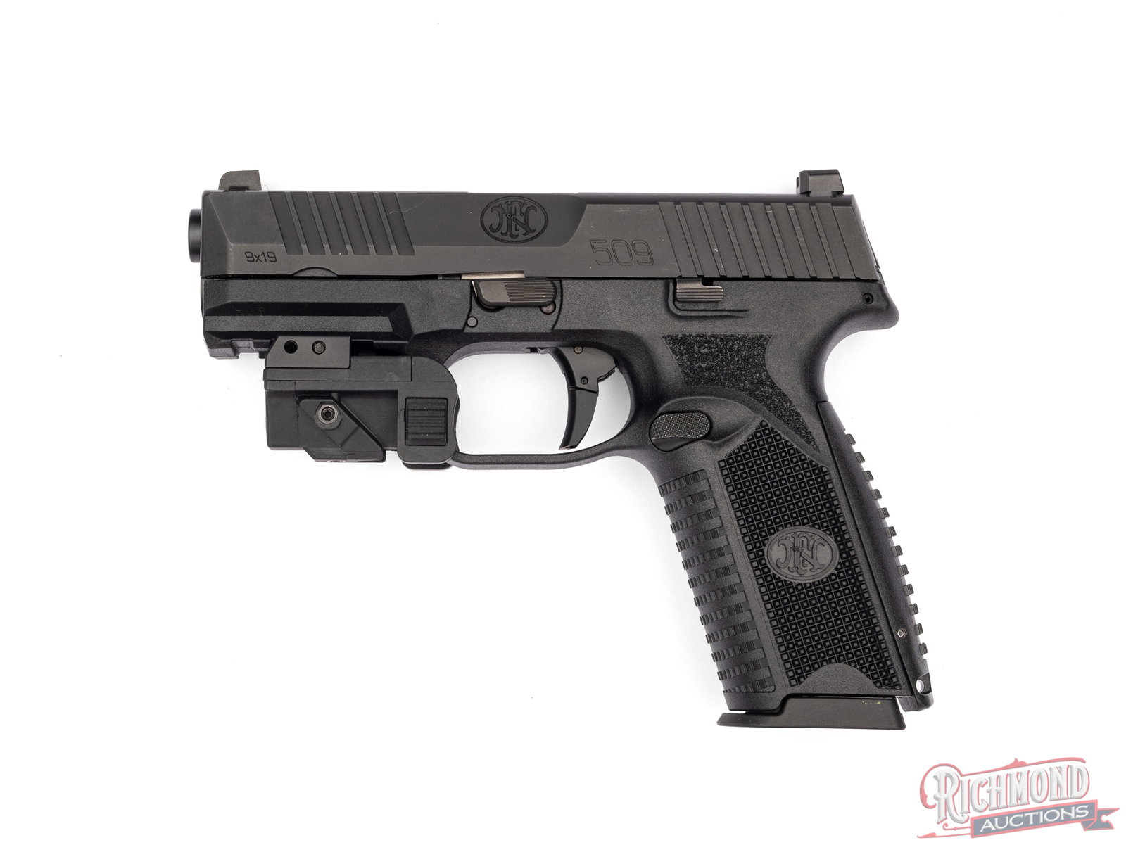 FN Model 509 Semi-Automatic 9mm Pistol With Rechargeable Red Laser: Manufactured by FN in Columbia, SC. Features a 4" barrel with 3-dot luminescent sights. Matte black slide with front and rear serrations. Striker fired action with loaded chamber indicator and