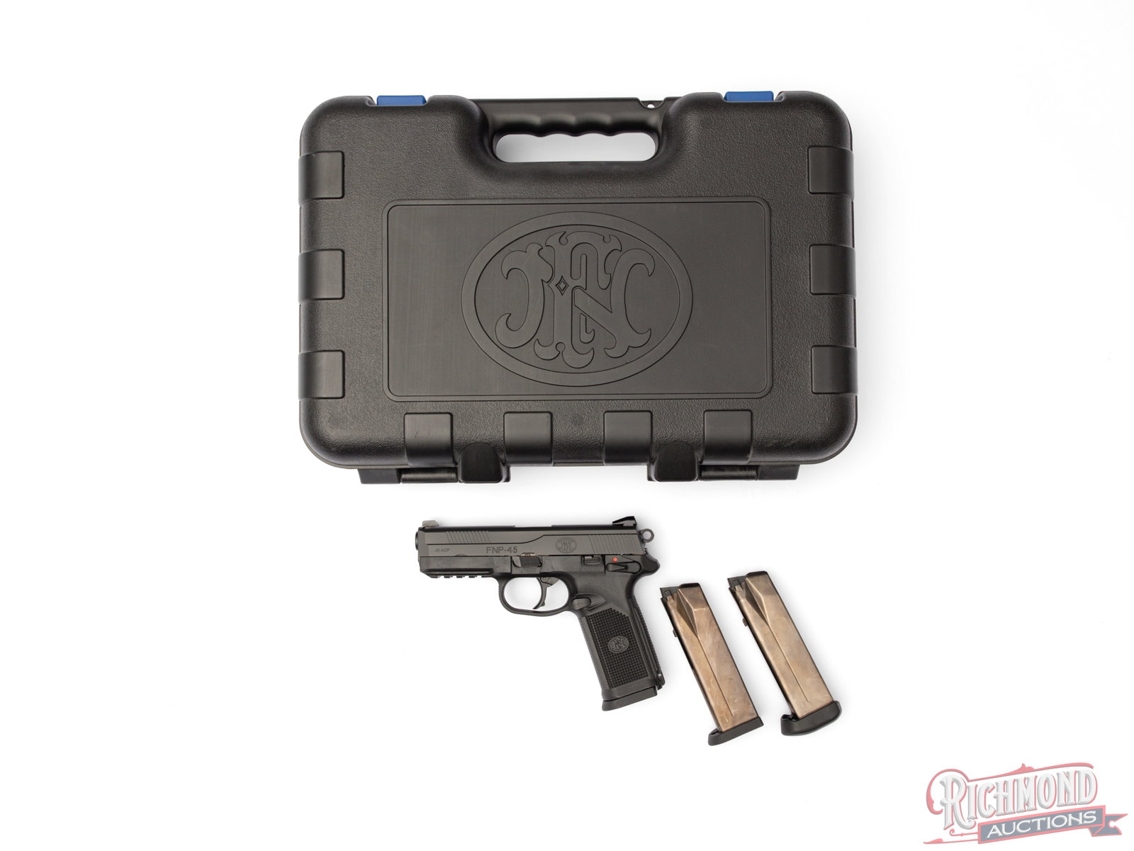 FN FNP-45 DA/SA Semi-Automatic .45 ACP Pistol In Original Case: Manufactured by FN USA. Features a 4-1/2" barrel with 3-dot sights. Nitride finished stainless steel slide with front and rear serrations. Double/single semi-automatic action with ambidextrous