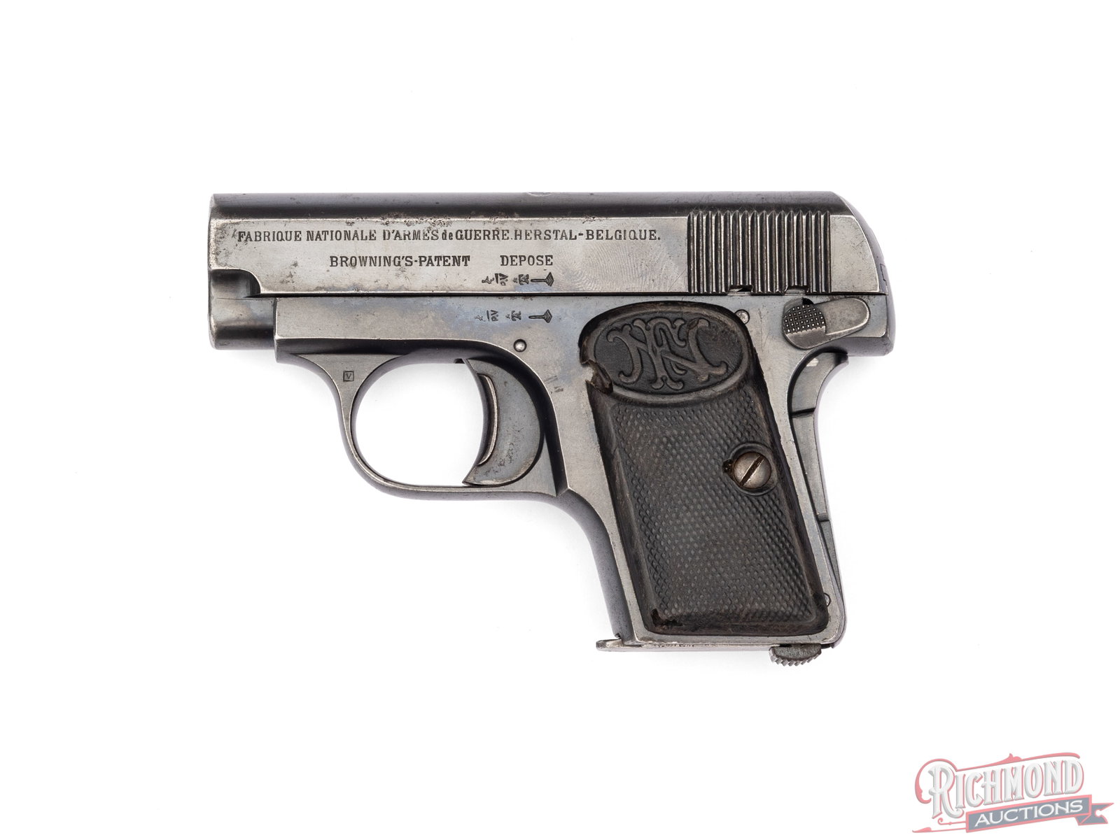 1964 FN Belgium Baby Browning .25 ACP Semi-Automatic Pocket Pistol: Manufactured in Belgium by FN in 1964 for Browning. Features a 2.1" barrel with integrated notch and small blade. Single action semi-automatic with slide lock and grip safety. Blued finish with