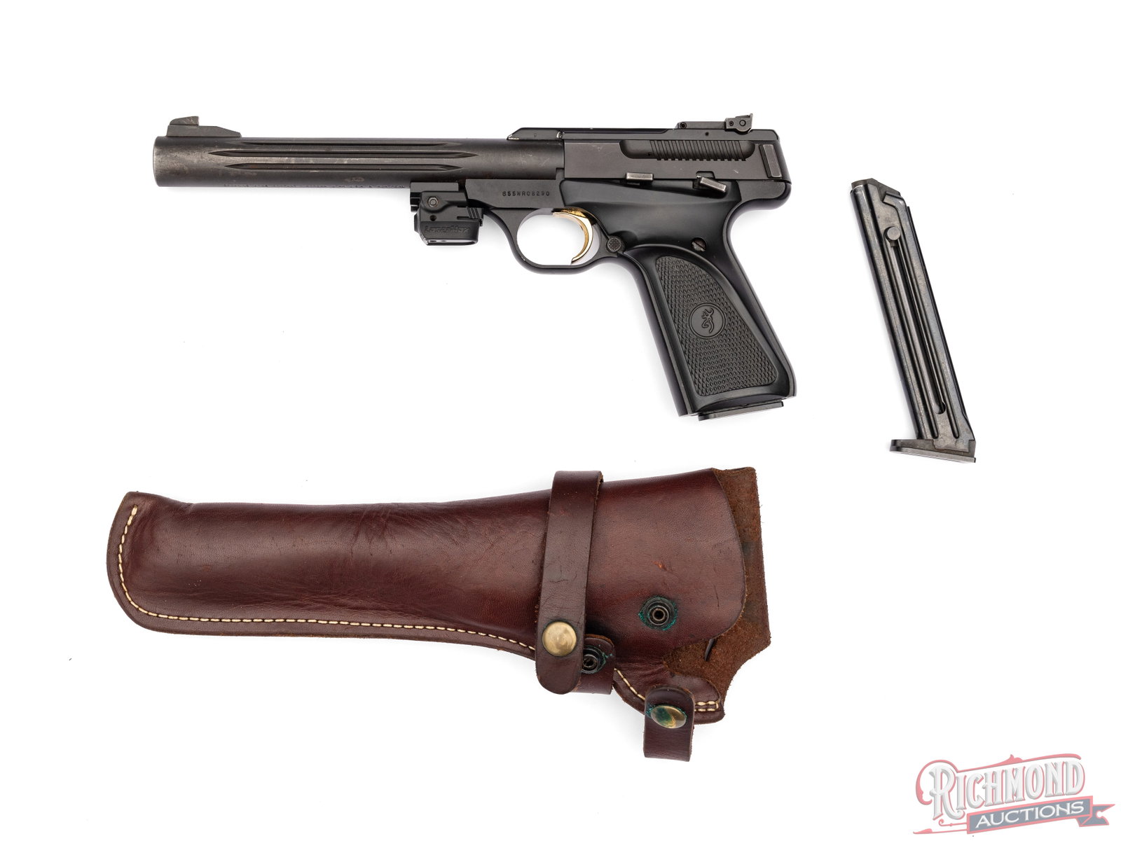 Browning Buckmark Bullseye .22 LR Semi-Automatic Target Pistol with Holster & LaserMax: Manufactured by Browning. Features a 7-1/4" fluted heavy bull barrel with rear micrometer notch sight and ramped blade front. Semi-automatic action with manual thumb safety and gold washed trigger. In