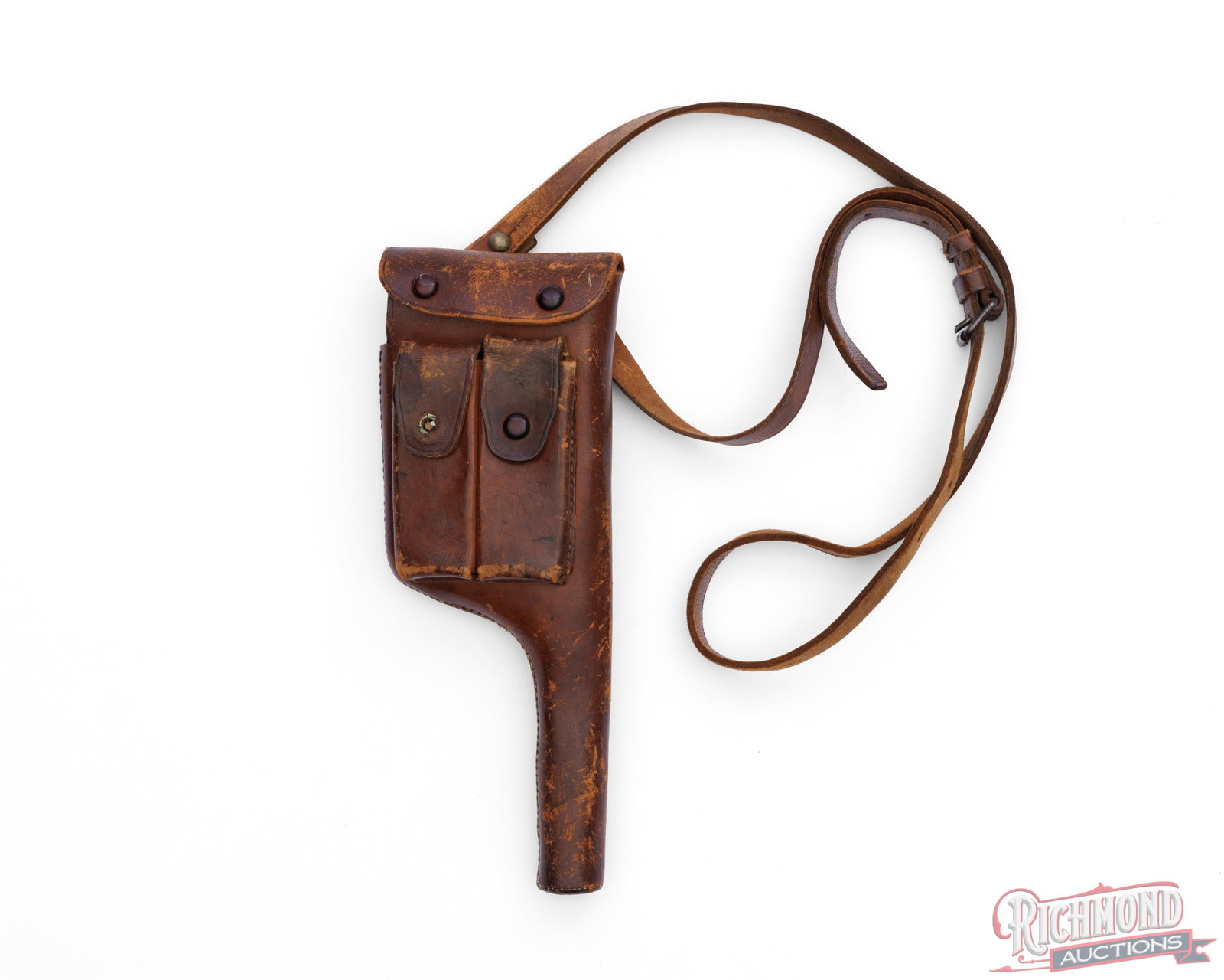 Vintage C96 Broomhandle Leather Shoulder Holster: This leather holster was made for the C96 Broomhandle pistol with additional pockets for 2 magazines. It has an attached adjustable leather strap for shoulder carry . Condition FAIR - Leather shows