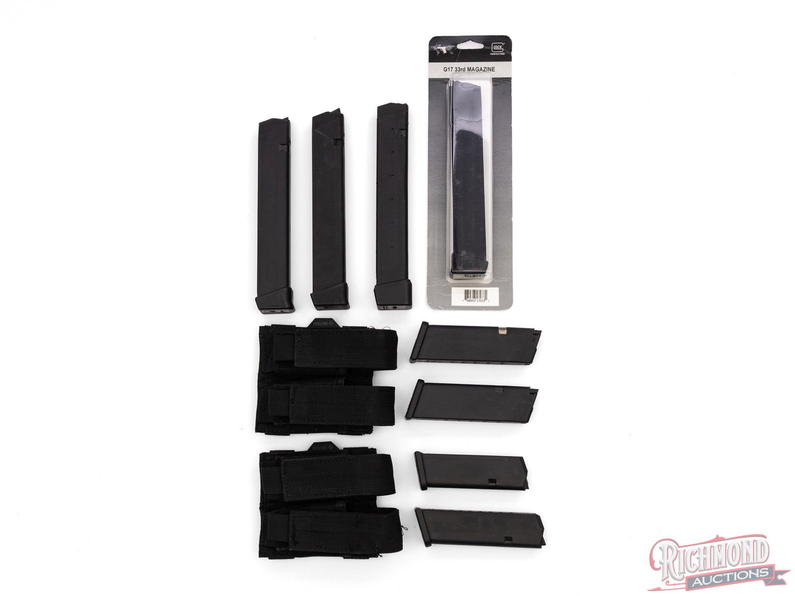 Lot of 8 Various Glock Magazines 9mm, .45 Caliber 10-33 Round Capacity With Pouches: In this lot is 8 total Glock magazines. There are two 13 round magazines for .45 ACP, one 10 round 9mm, one 15 round 9mm, and four 33 round 9mm magazines, one of which is still in the box. Also
