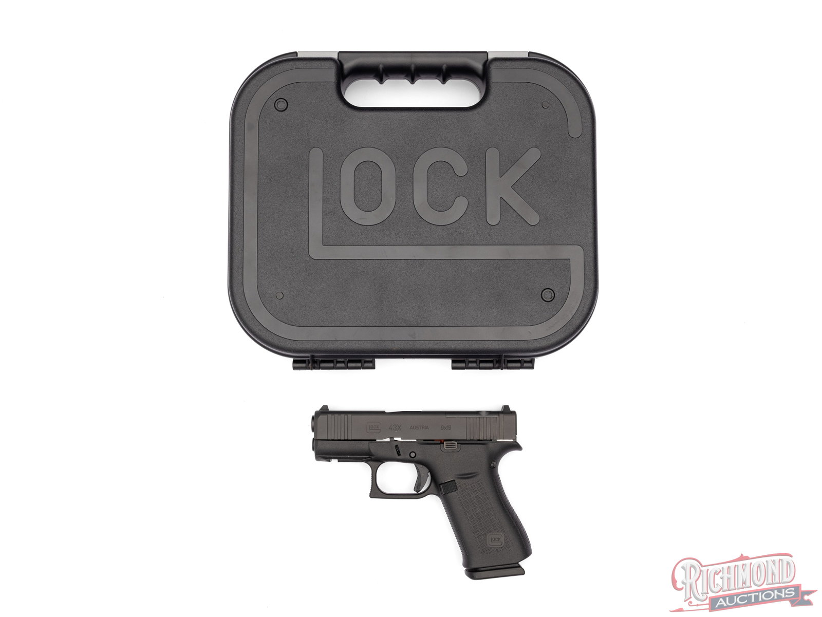 Glock 43X MOS 9mm Compact Semi-Automatic Pistol in Original Case: Manufactured by Glock in Austria. Features a 3-1/4" barrel with Glocks "ball in the bucket" sights. MOS slide cut for micro-optics. Striker fired semi-automatic action with Glock safety trigger and