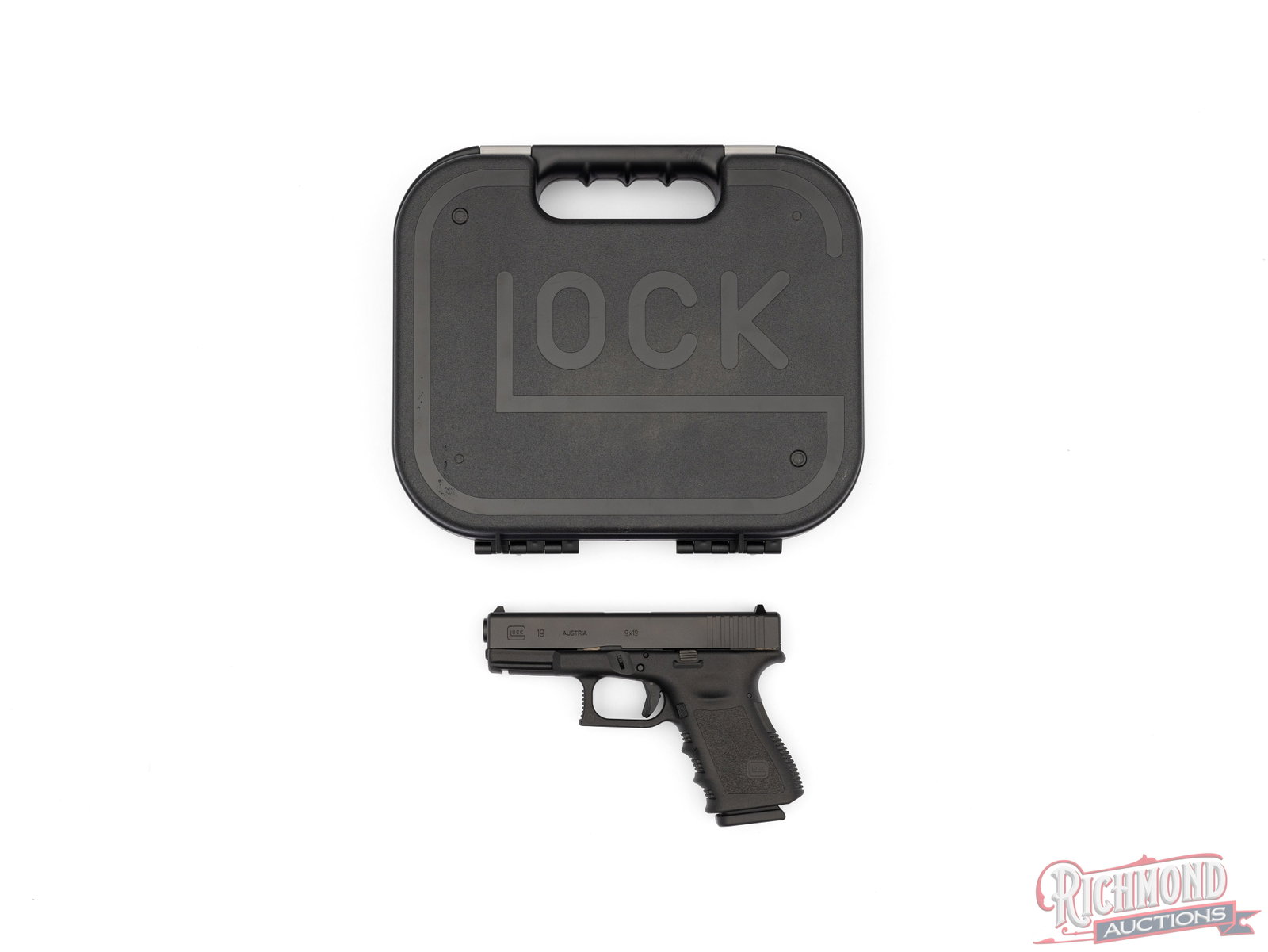 Glock G19 9mm Luger Gen 3 Semi-Automatic Pistol In Original Case: Manufactured by Glock in Austria. Features a 3-7/8" barrel and factory Glock "ball in the bucket" sights. Black finish on the 3rd generation frame. Semi-automatic striker fired with the Glock safety