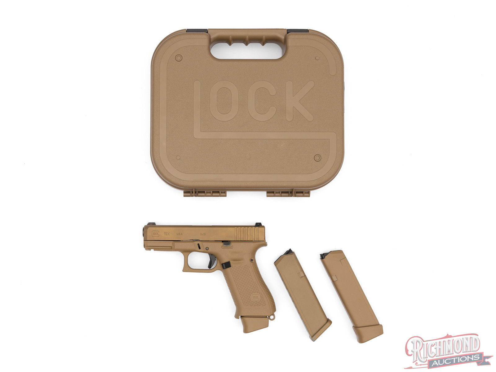 Glock 19X Crossover 9mm Coyote Brown Semi-Auto Pistol In Original Case: Manufactured by Glock USA. This Crossover pistol combines the best features of the model 17 and 19. Features a 4" barrel with Glock three dot night sights. Coyote Brown finish with factory nPVD slide