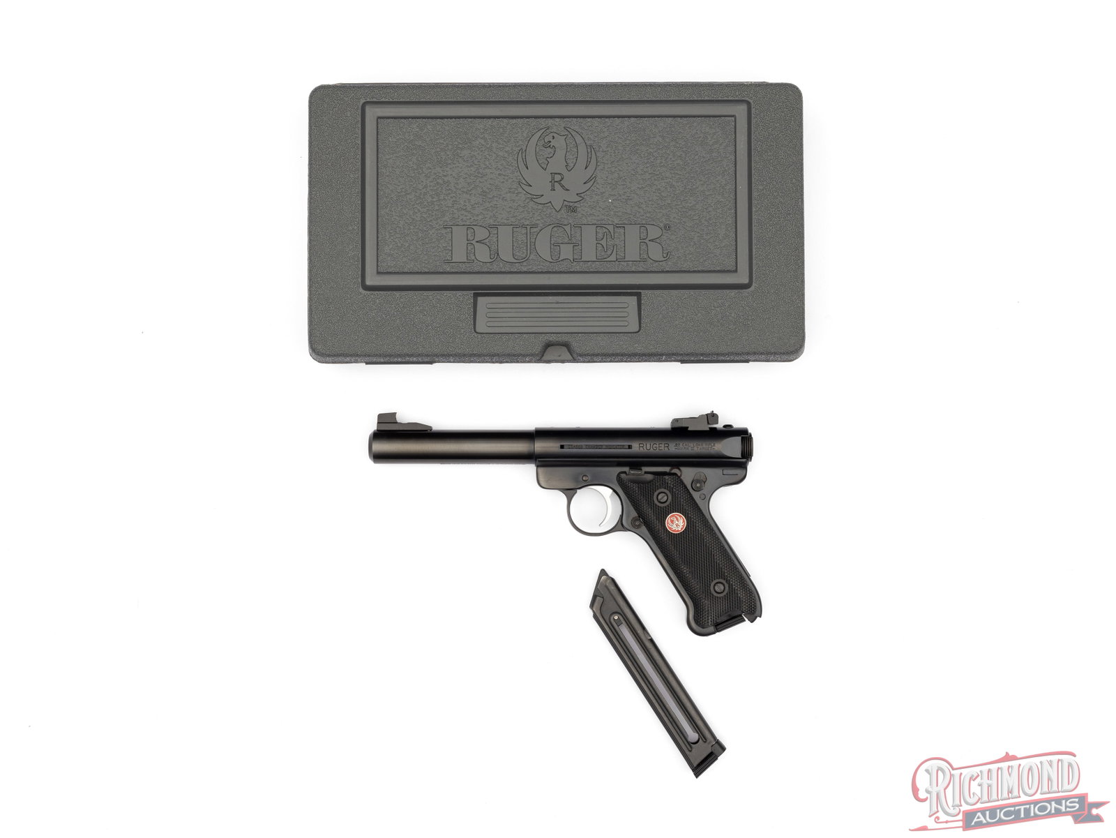Ruger Mark III Target .22 LR Semi-Automatic Pistol In Original Case: Manufactured by Ruger in 2011. Features a 5-1/2" blued bull barrel with rear micrometer adjustable notch and target blade front sight. Semi-automatic action with rear charging handle, nickel finished 