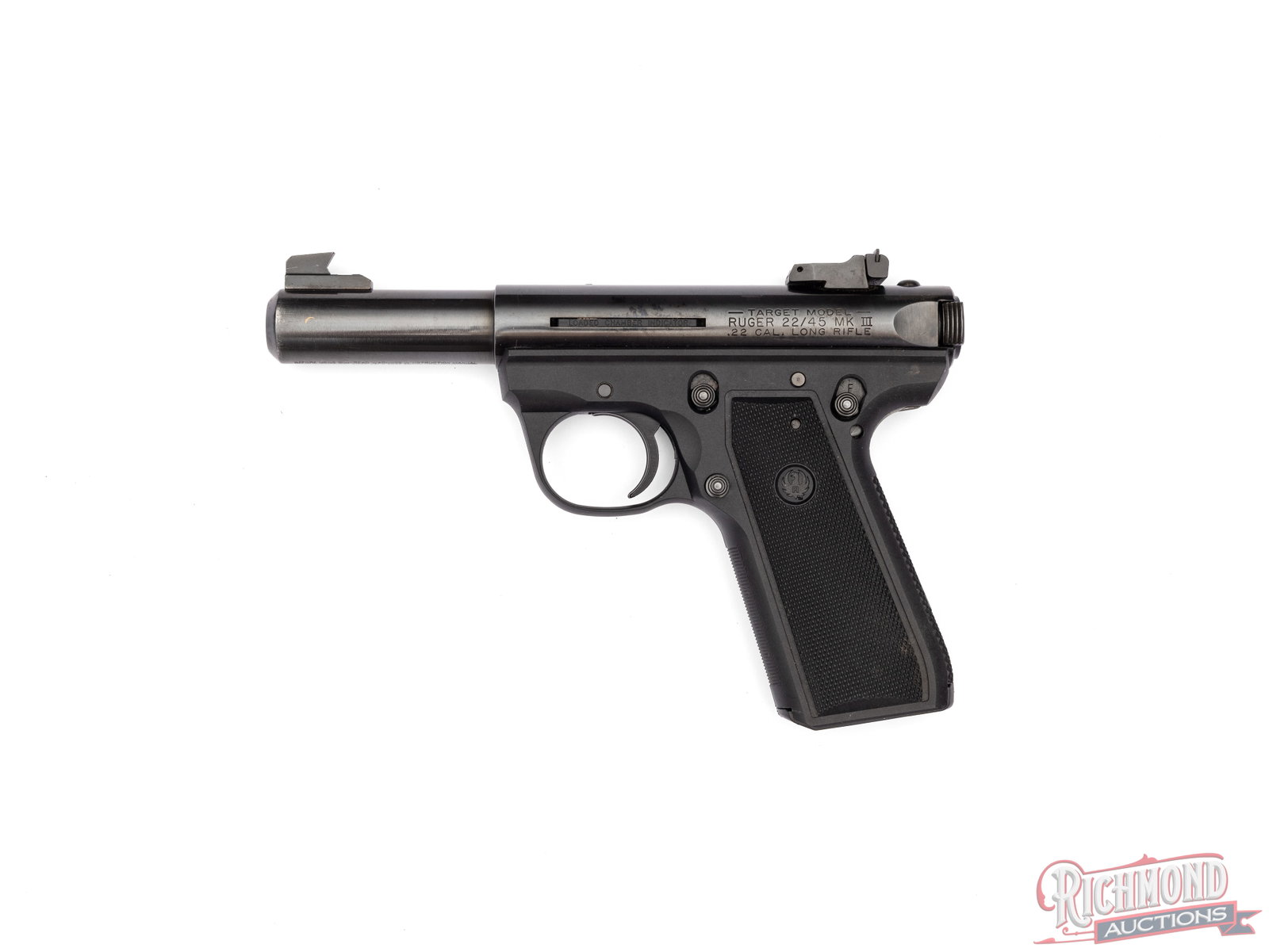 Ruger Model 22/45 Mk III .22 LR Semi-Automatic Pistol: Manufactured by Ruger in 2014. Features a 4" blued heavy barrel with rear micrometer adjustable notch and blade front. Receiver drilled and tapped. Semi-automatic action with loaded chamber indicator 
