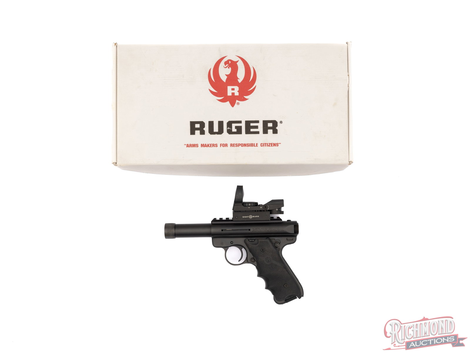 Ruger Mark III .22 LR Semi-Automatic Threaded Pistol With Sight Mark Reflex Red Dot & Original Box: Manufactured by Ruger in 2013. Features a 4" threaded bull barrel. Fitted with a Picatinny top rail and a Sight Mark Reflex red dot sight. Semi-automatic action with loaded chamber indicator and