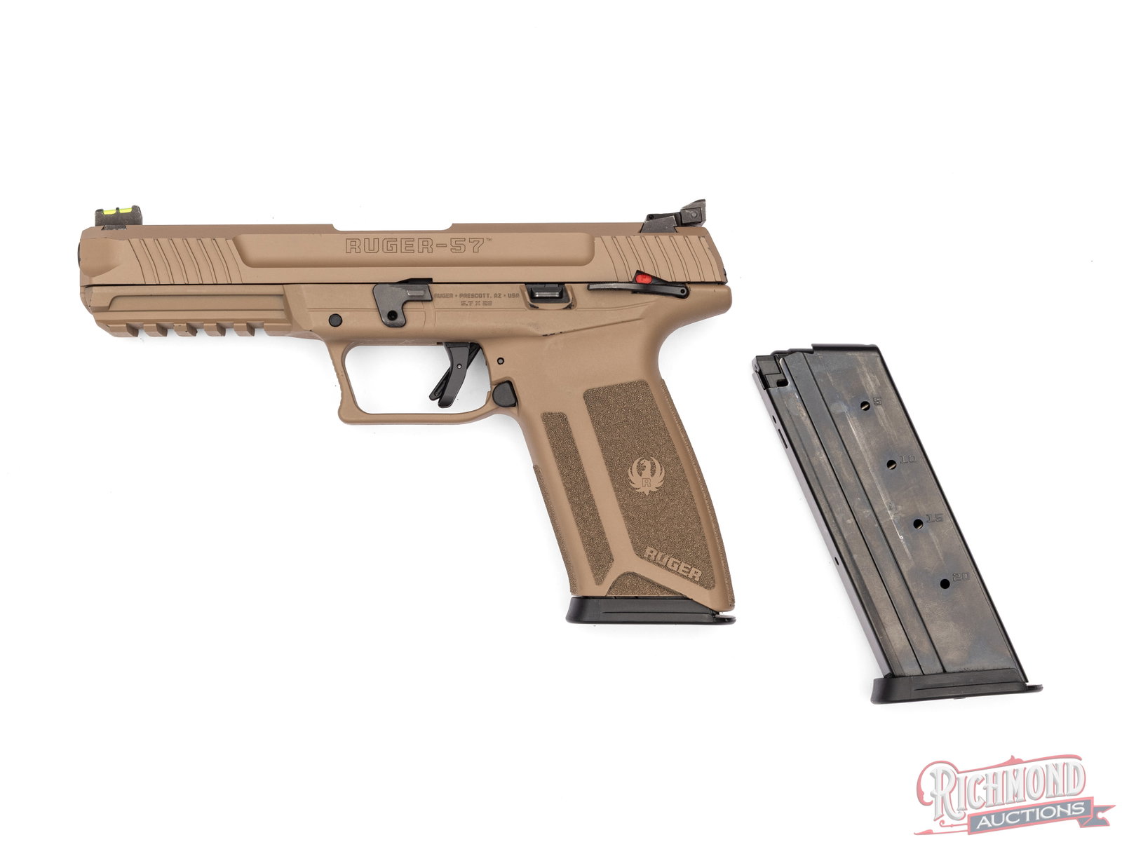 Ruger 57 Semi-Automatic 5.7x28mm Pistol In Limited Edition Dark Earth: Manufactured by Ruger in 2021 as a Davidson's dealer exclusive in dark earth cerokate. Features a 5" black nitride barrel, rear adjustable notch and fiber optic front sight. Striker fired