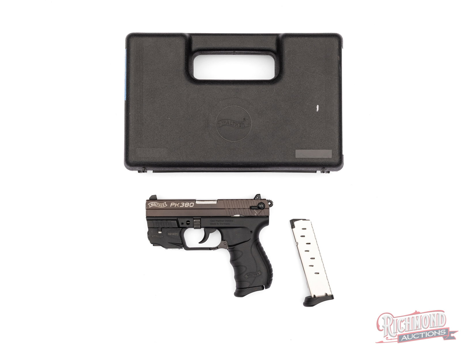 German Walther PK380 .380 ACP Semi-Auto Pistol With Red Laser Sight: Manufactured in Germany by Carl Walther Ulm and imported by Smith & Wesson. This pistol features a 3.66" barrel with three dot white sights, rear adjustable. Blued steel slide and black polymer