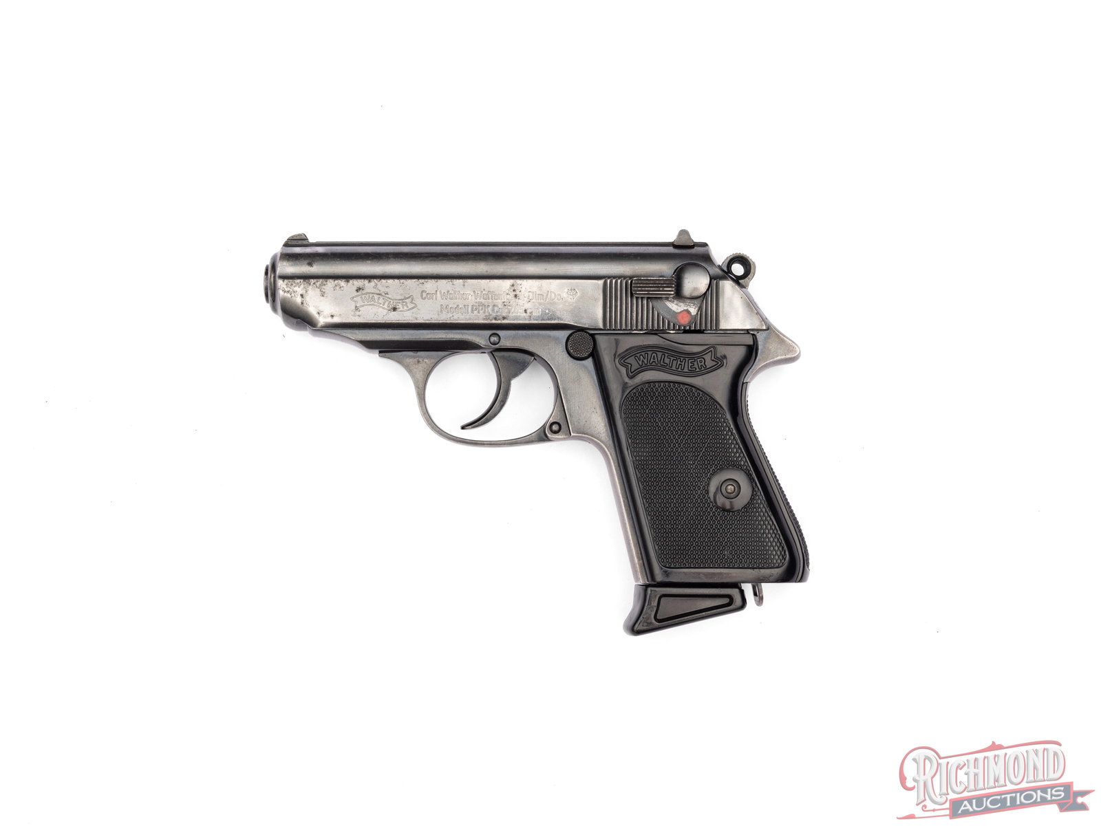 Walther Ulm Model PPK 7.65mm / .32 ACP Semi-Automatic Pistol: Manufactured by Carl Walther in the Ulm Germany factory. Features a 3-1/4" barrel with rear notch and blade front sights. German Nitro proof marks on slide, barrel and frame. Single/double action