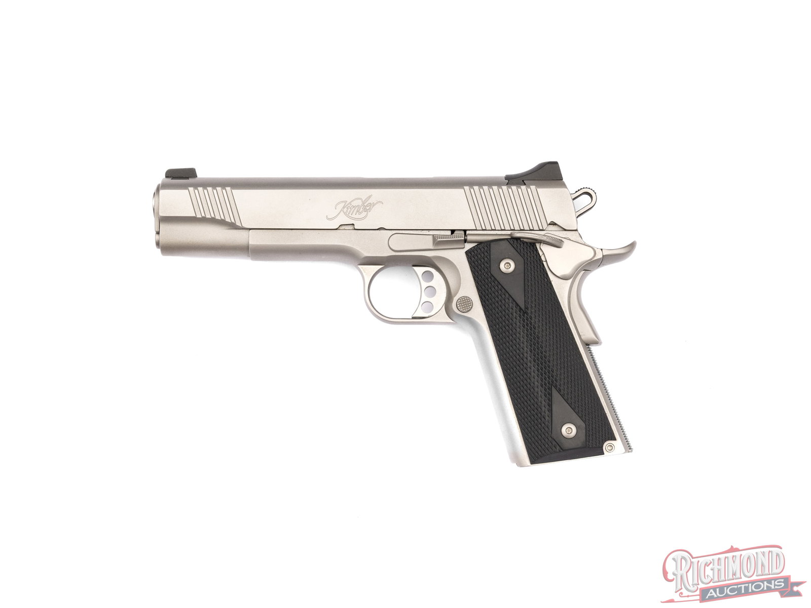 Kimber Stainless II Semi-Automatic Pistol .45 ACP: This Stainless II pistol was made by Kimber in Yonkers, NY and chambered in .45 ACP. It features a 5" stainless barrel with a blacked out front and rear square notch sight. The slide and frame has a