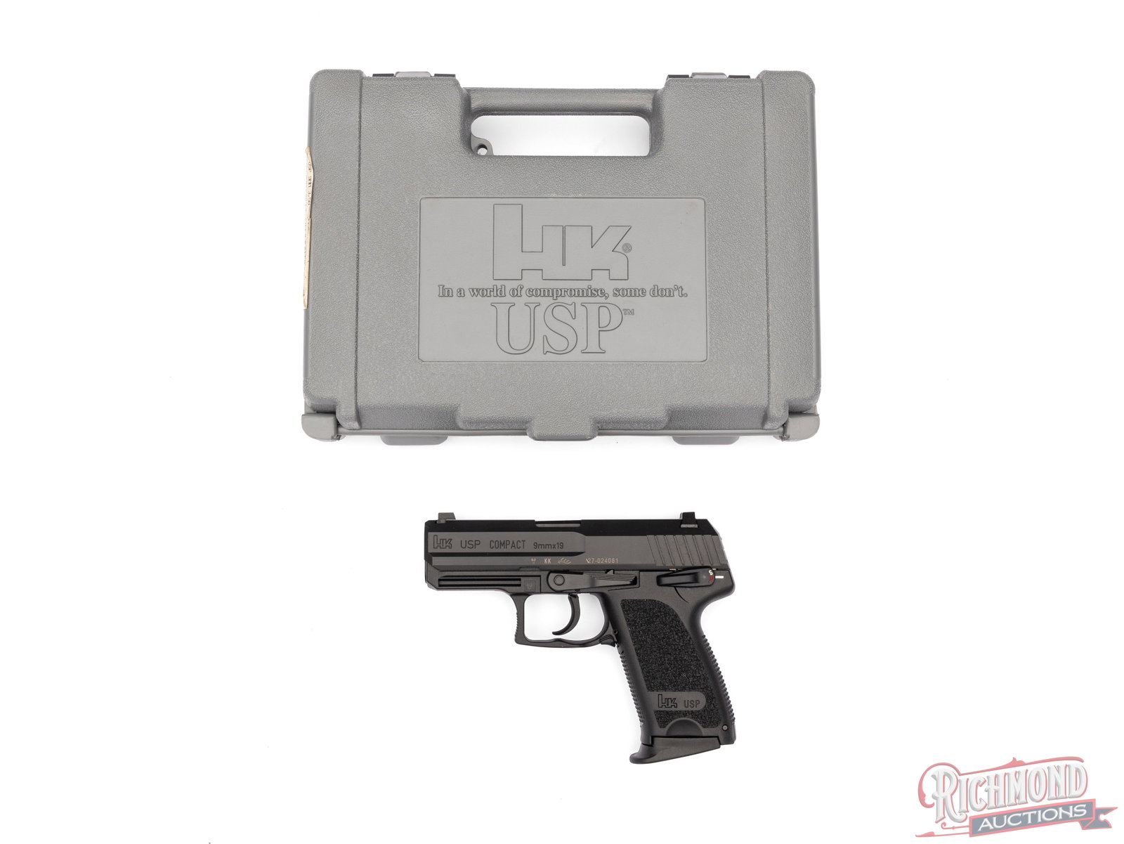 Heckler & Koch HK USP Compact 9mm Semi-Automatic Pistol in Original Case: Manufactured by Heckler & Koch in Germany. Features a 3.58" barrel with dovetailed 3-dot sights. Double/single semi-automatic action with safety decocker and ambidextrous mag release. Black Nitride sl