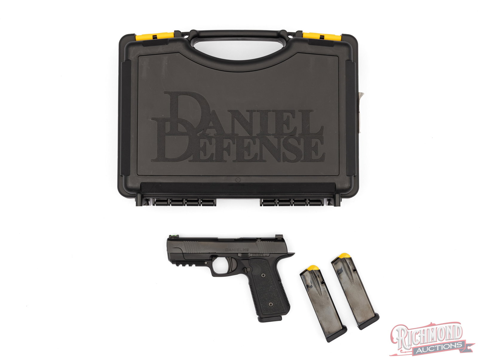 Daniel Defense H9 Optics Ready 9mm Semi-Automatic Pistol in Original Case: A recent manufacture by Daniel Defense in Georgia. Features a 4-1/4" barrel with rear dovetailed notch and fiber optic front. Optics ready with slide cut-out. Front and rear serrations on the slide.