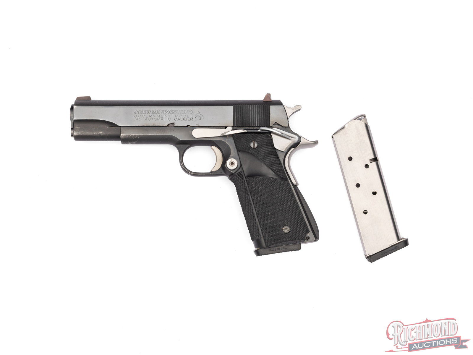 Colt Government Model 1911 MK IV 70 Series .45 ACP Semi-Automatic Pistol: Manufactured by Colt in 1979. Features a 5" barrel, rear dovetailed notch and blade with yellow dot front sight. Blued slide and frame with satin stainless controls. Single semi-automatic action with