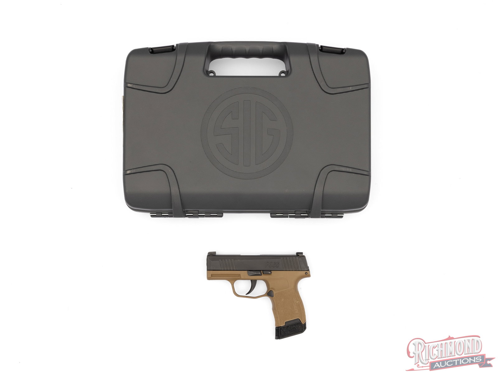 Sig Sauer P365 9mm Luger Semi-Automatic Pistol Two-Tone In Original Case: Manufactured by Sig Sauer. Features a 3" barrel with factory XRay3, 3-dot night sights. Black Nitride steel slide with front and rear serrations. Dark earth polymer frame with accessory rail for