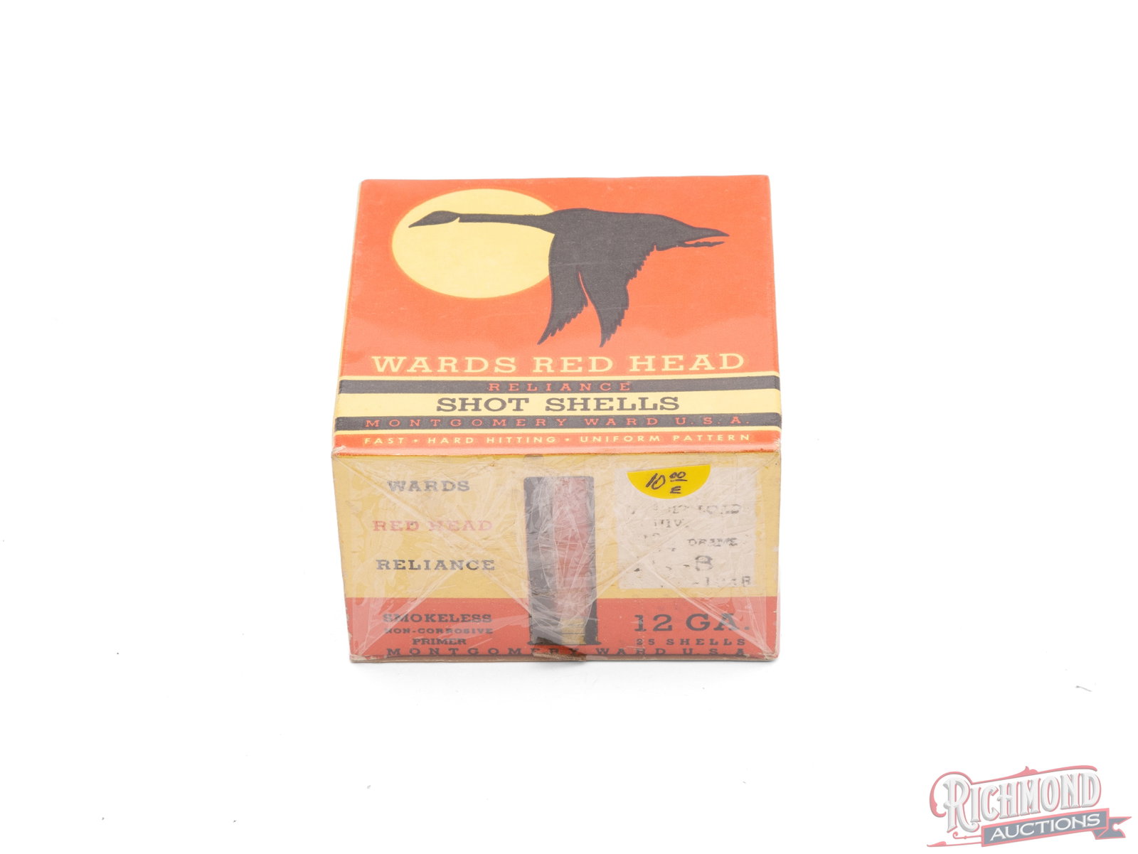 Wards Red Head Reliance 12 Gauge Shot Shells Collector's Box: This is an empty one piece box of 12 gauge Reliance Shot Shells made by Montgomery Ward. The box has the call outs "Fast, Hard Hitting, Uniform Pattern". Load information has faded from the label.