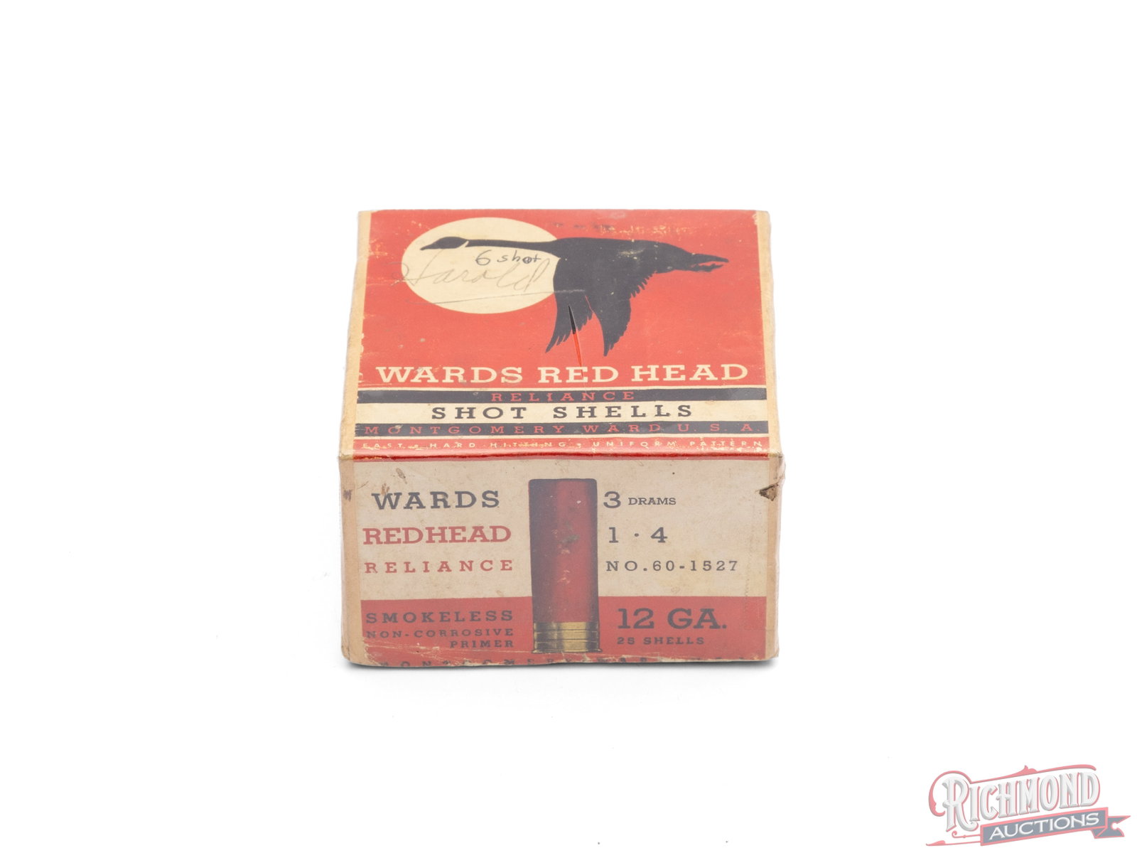 Wards Red Head Reliance 12 Gauge Shot Shells Collector's Box: This empty two piece box contained 12 gauge Reliance shot shells made by Montgomery Ward Red Head brand. The box features a red label with the flying bird silhouette with the call outs "Fast, Hard