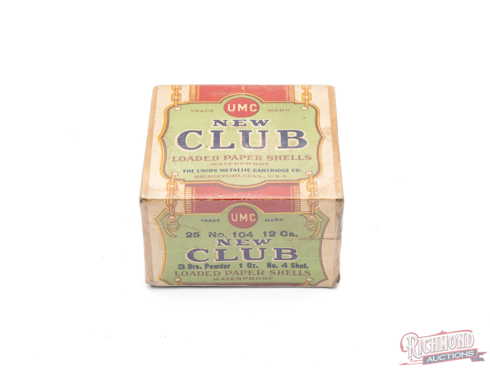 UMC New Club 12 Gauge Waterproof Loaded Paper Shells Collector's Box: This is an empty two piece box that contained 12 gauge New Club shells made by Union Metallic Cartridge Co. The green and red label states the shells with #4 shot and as "Loaded Paper Waterproof